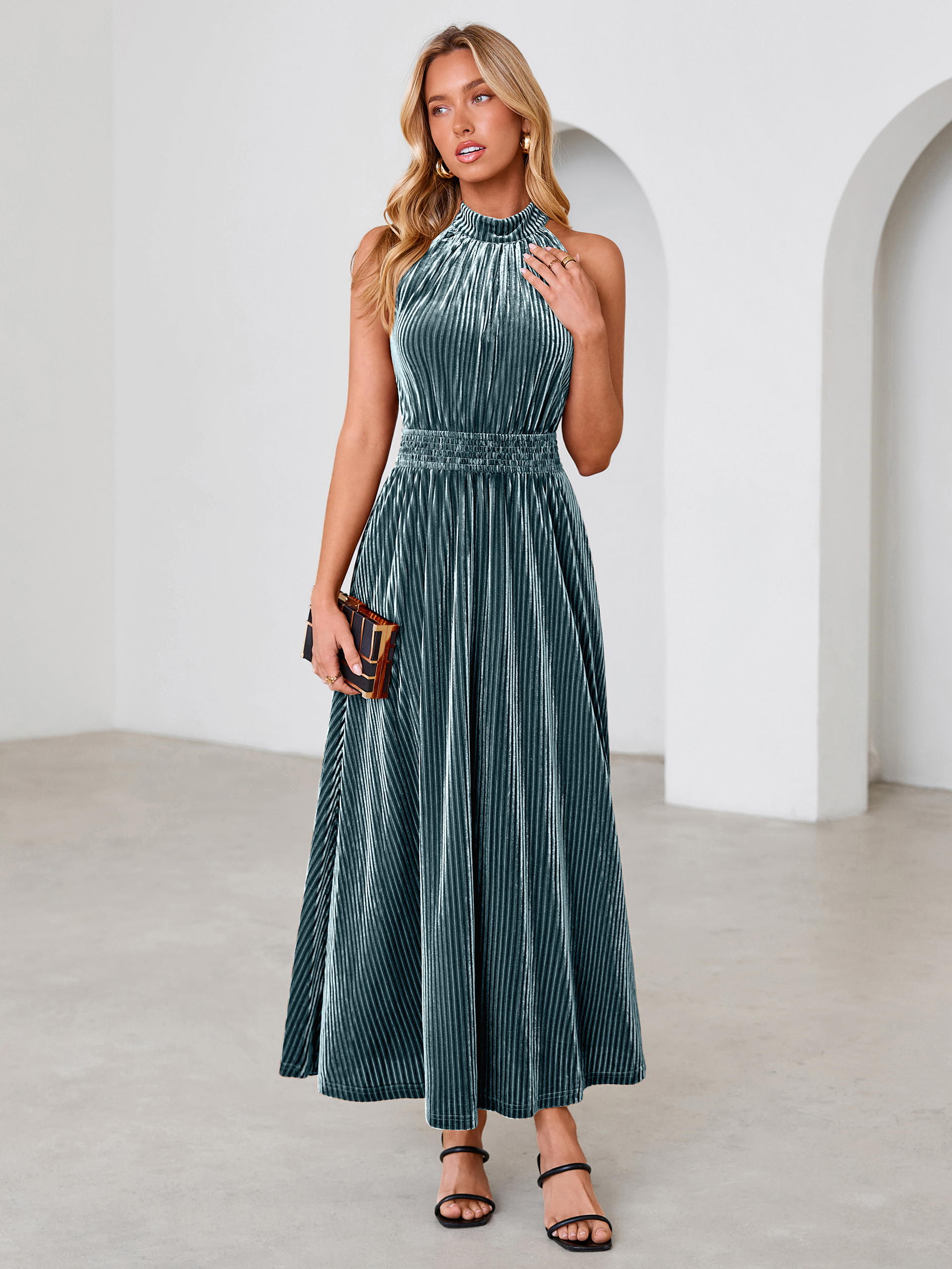 Ribbed Velvet Halter Smocked Maxi Dress