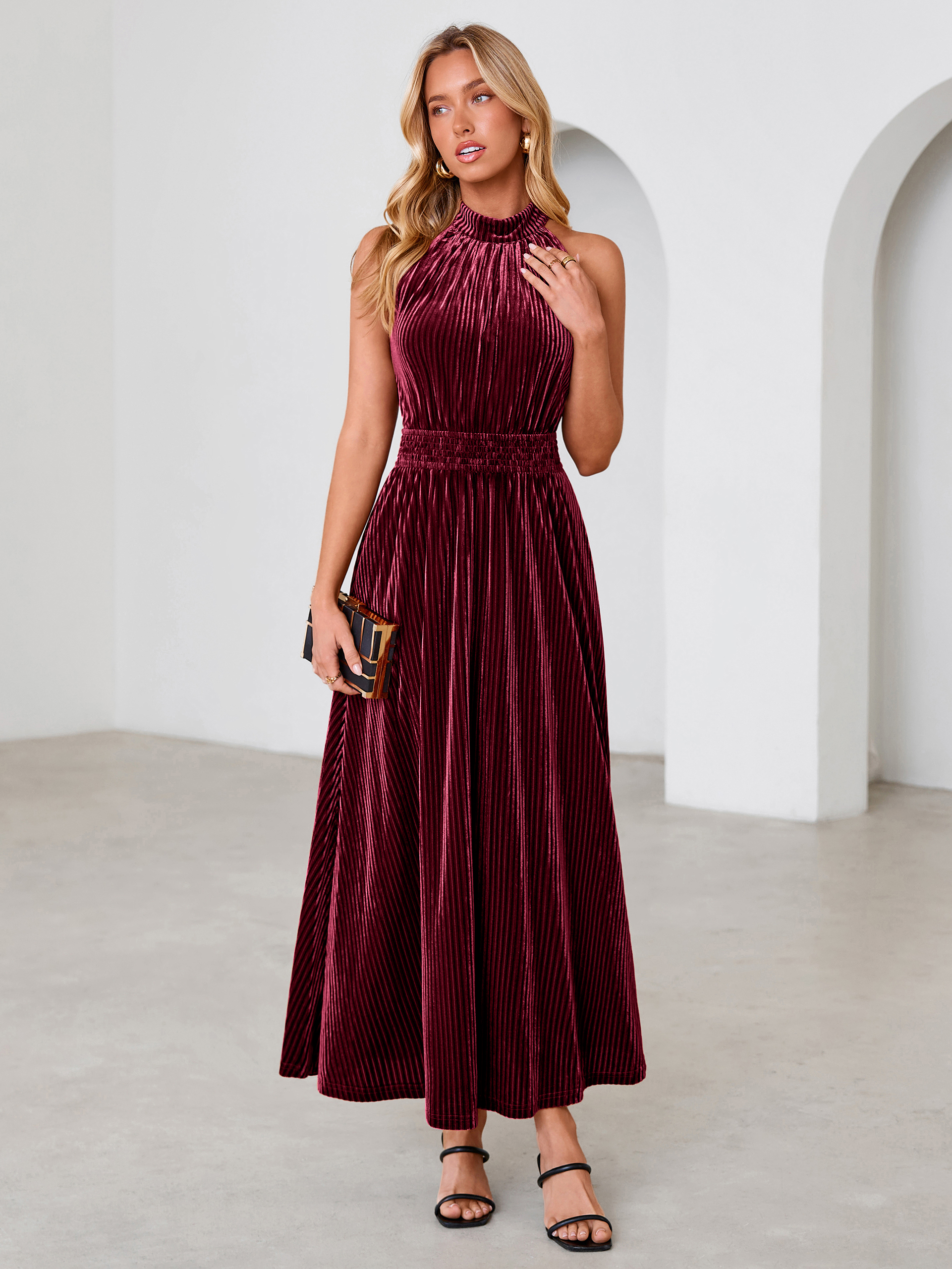 Ribbed Velvet Halter Smocked Maxi Dress