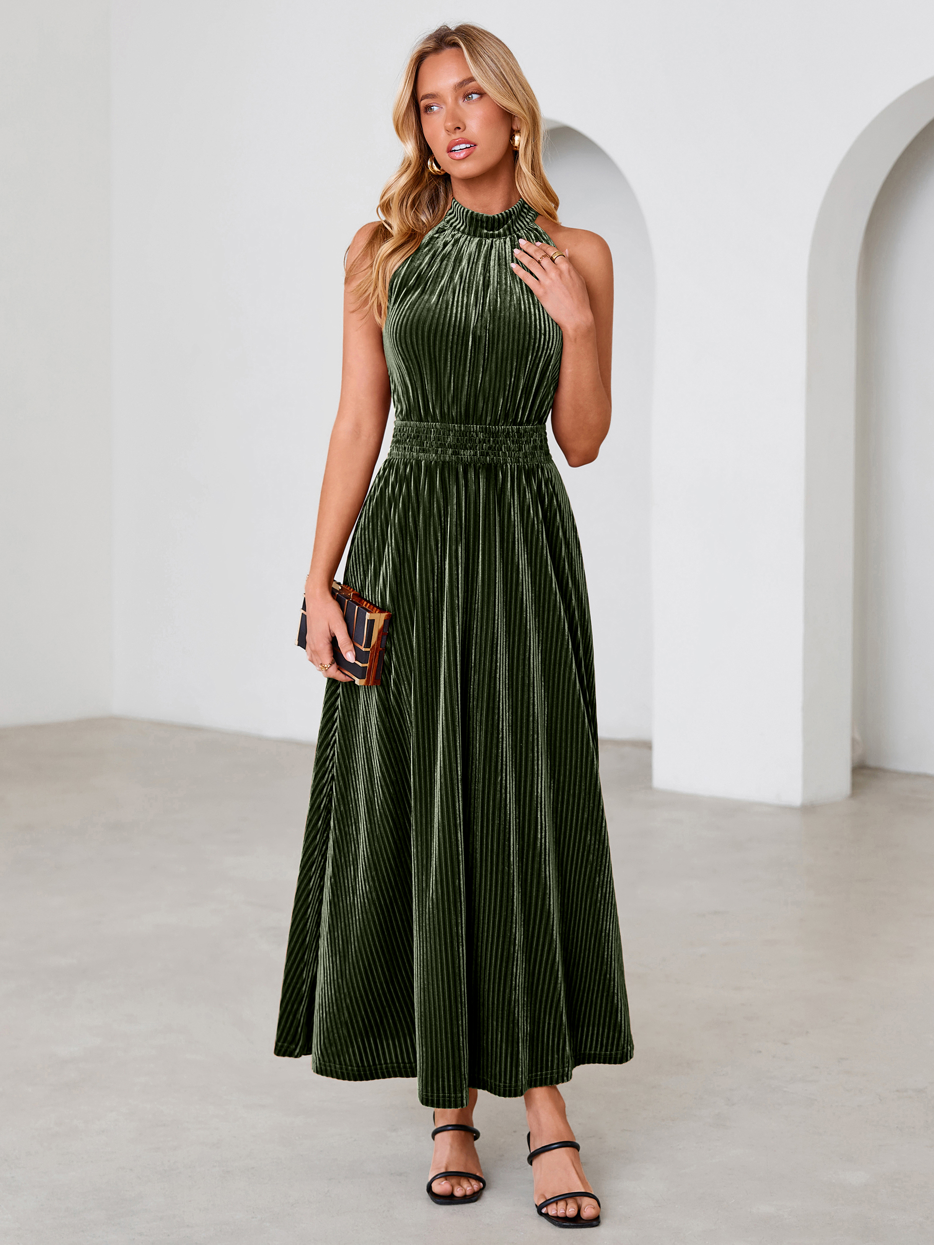 Ribbed Velvet Halter Smocked Maxi Dress
