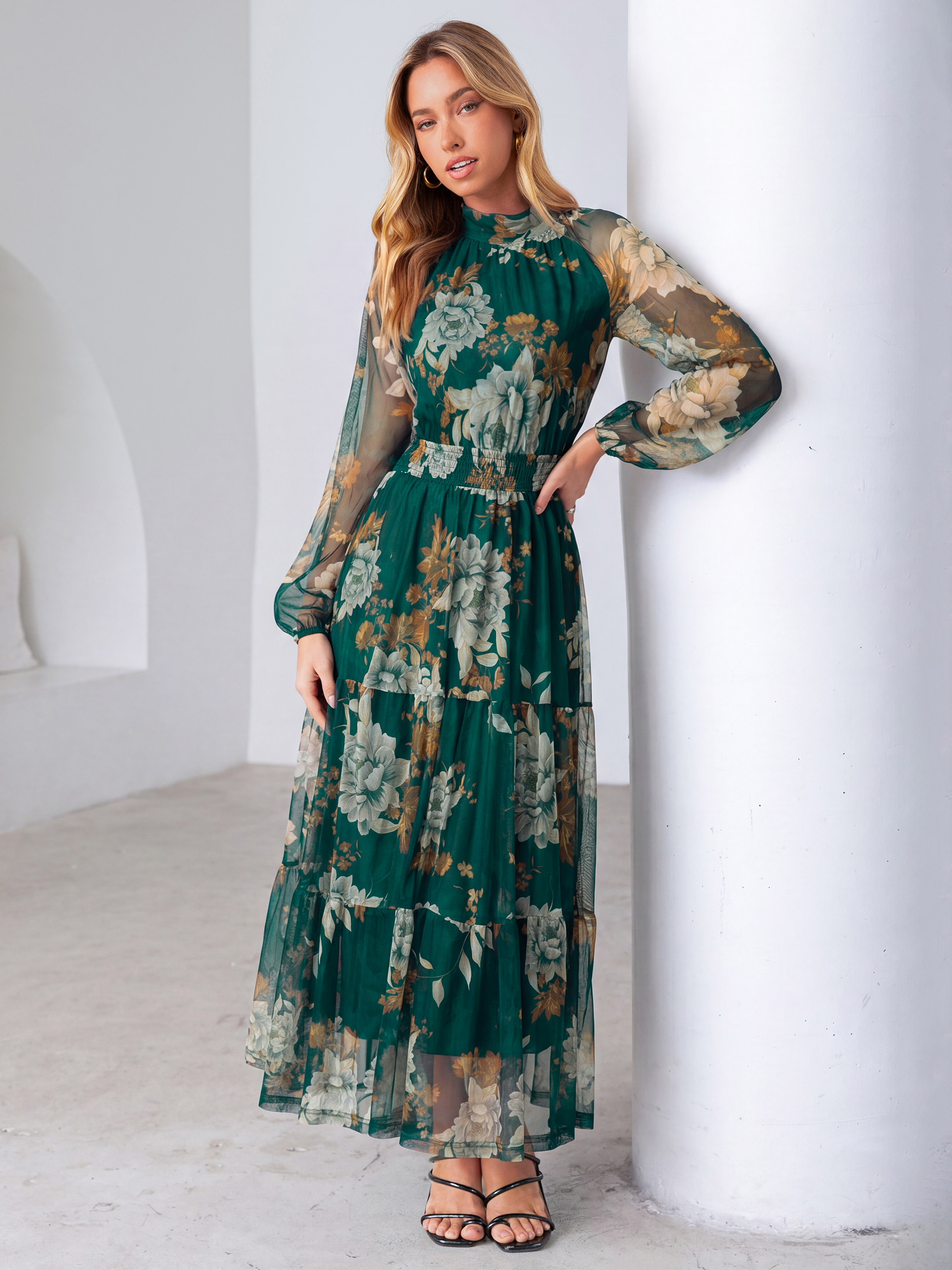 Fall Floral Flowy Tiered Long Sleeve Maxi Dress