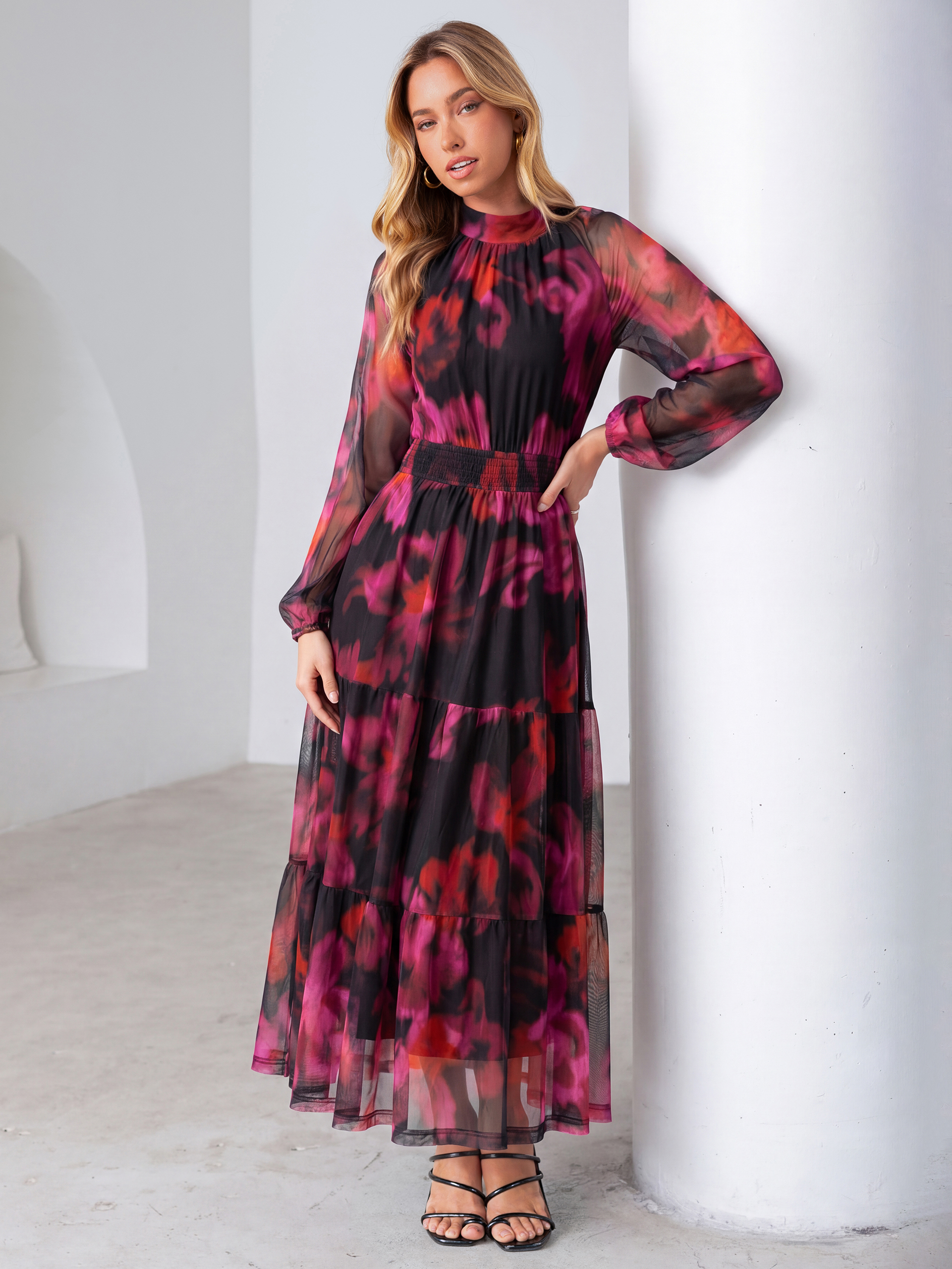 Fall Floral Flowy Tiered Long Sleeve Maxi Dress