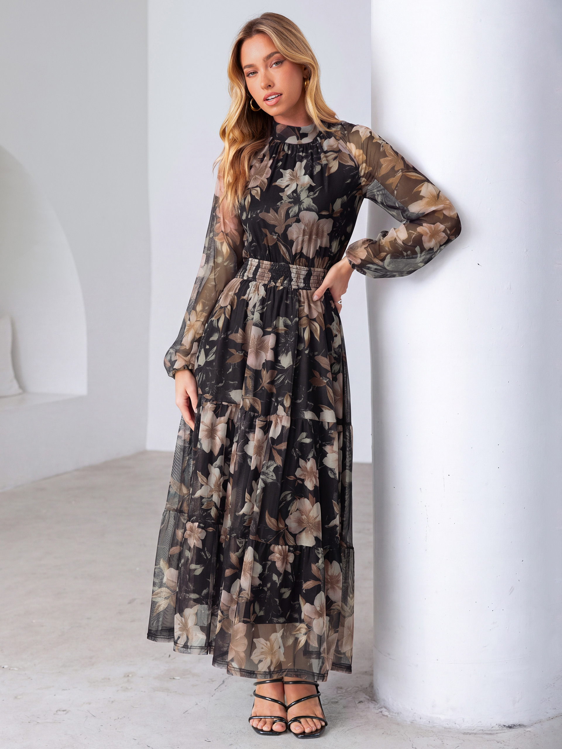 Fall Floral Flowy Tiered Long Sleeve Maxi Dress