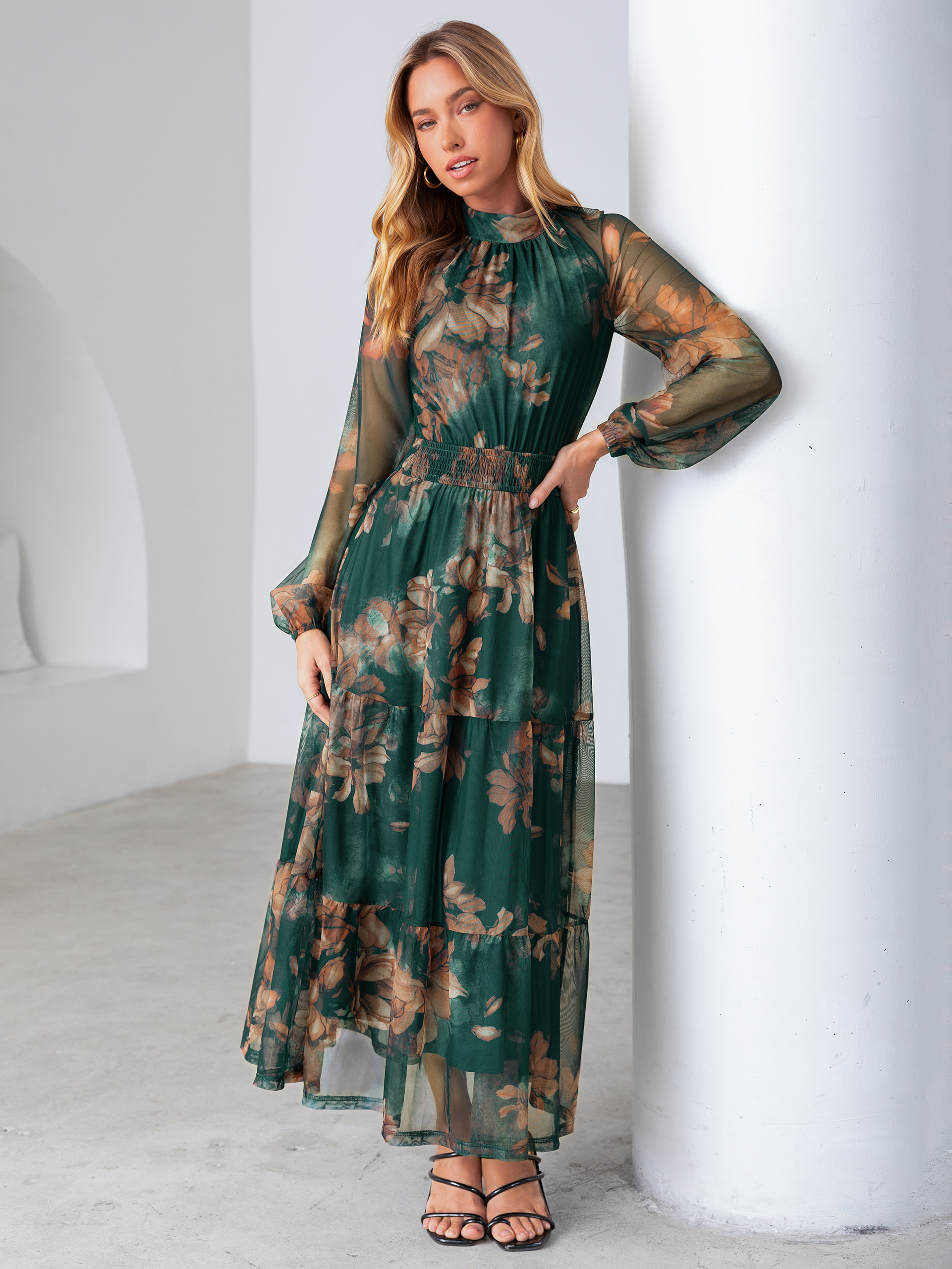 Fall Floral Flowy Tiered Long Sleeve Maxi Dress