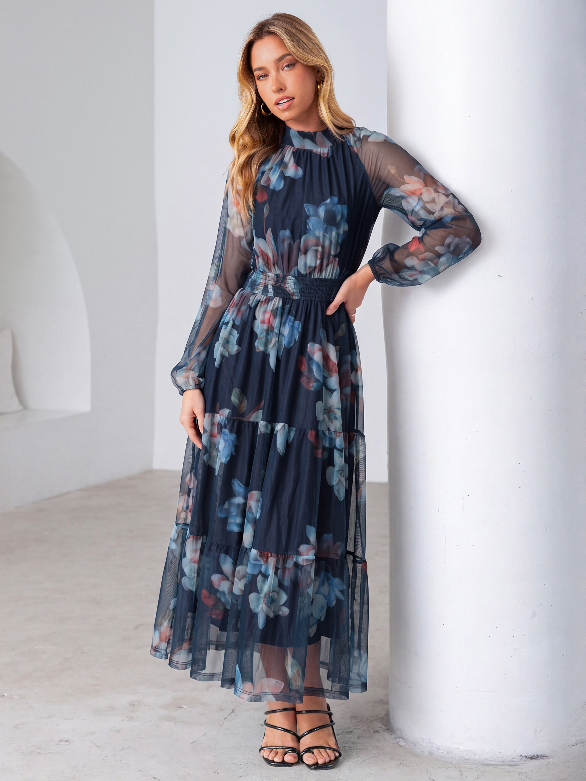 Fall Floral Flowy Tiered Long Sleeve Maxi Dress