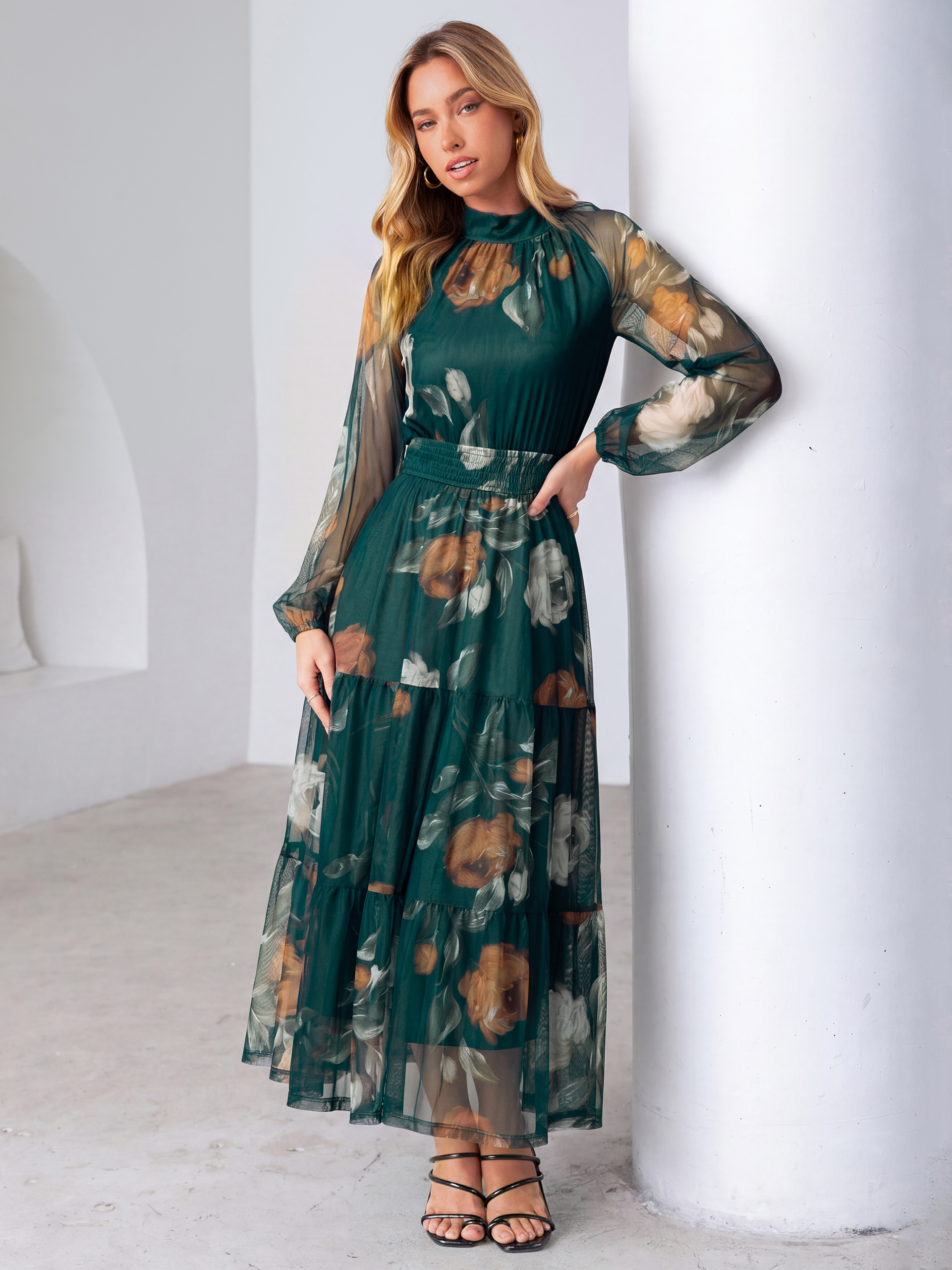 Fall Floral Flowy Tiered Long Sleeve Maxi Dress