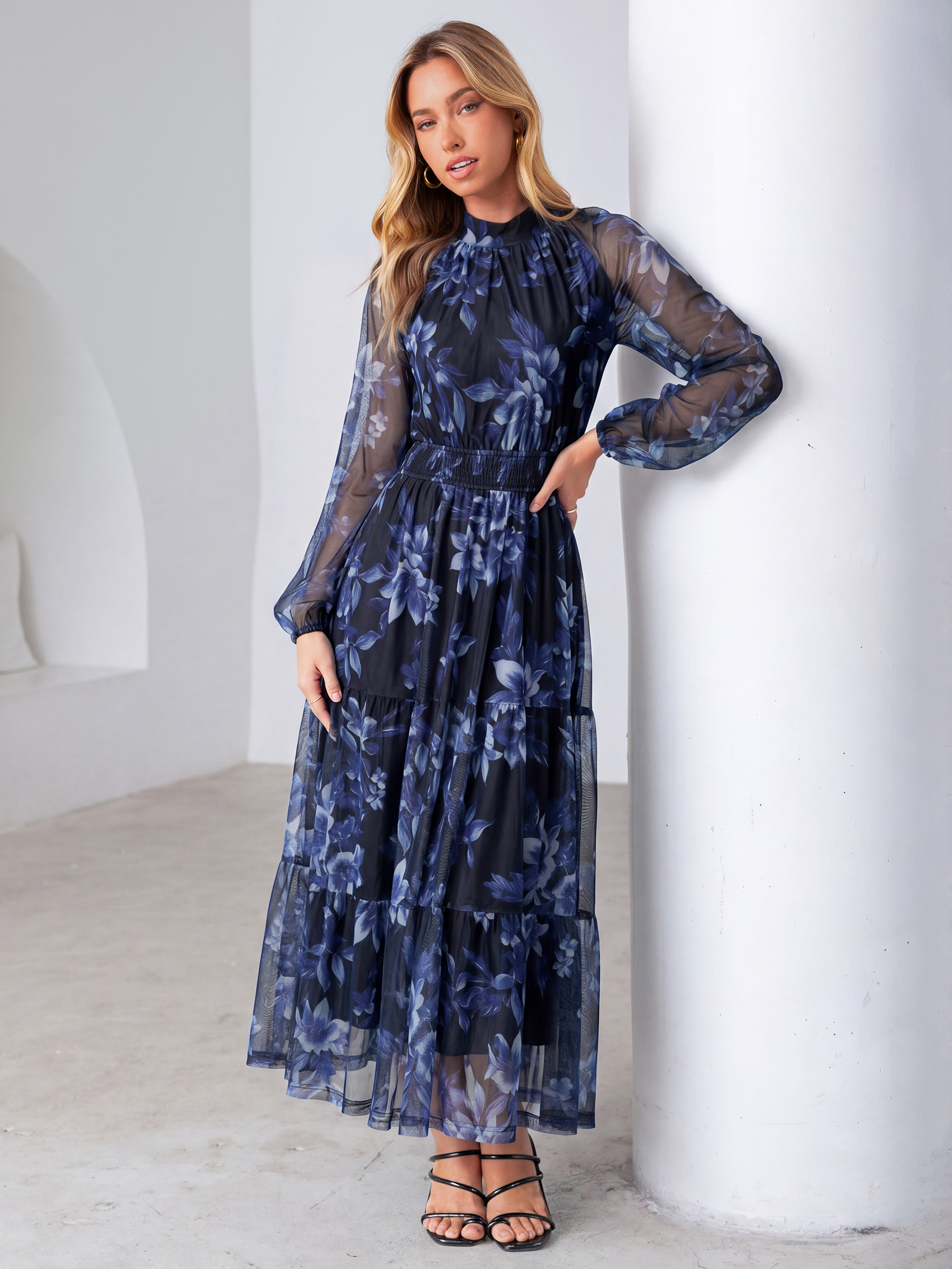 Fall Floral Flowy Tiered Long Sleeve Maxi Dress