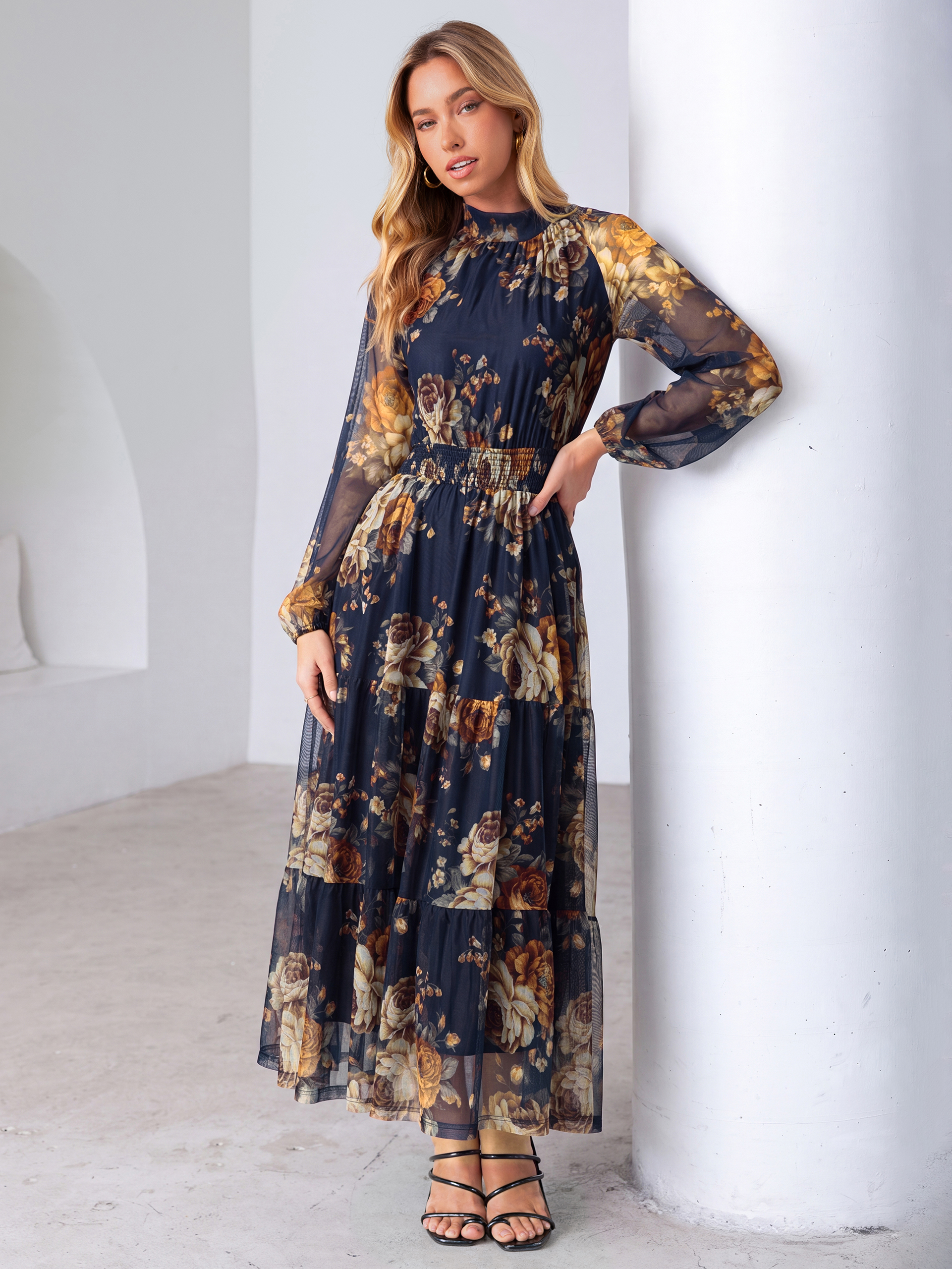 Fall Floral Flowy Tiered Long Sleeve Maxi Dress