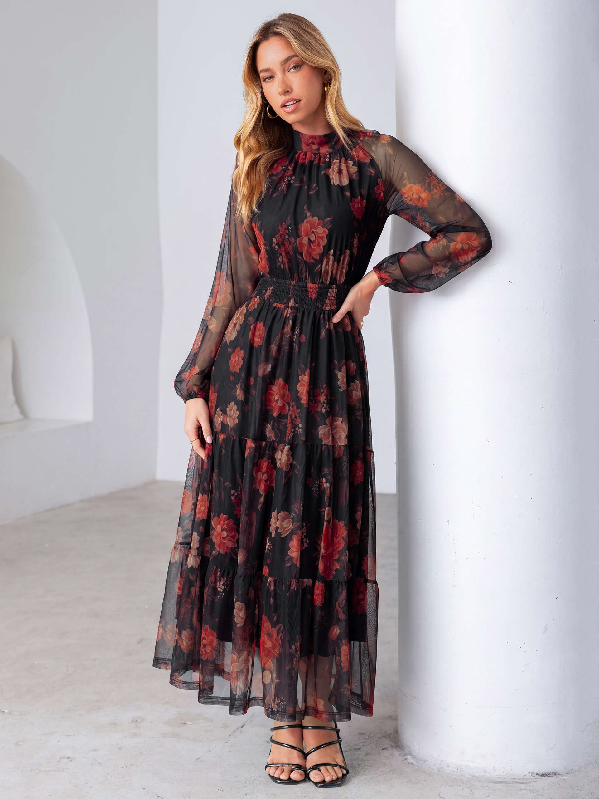 Fall Floral Flowy Tiered Long Sleeve Maxi Dress