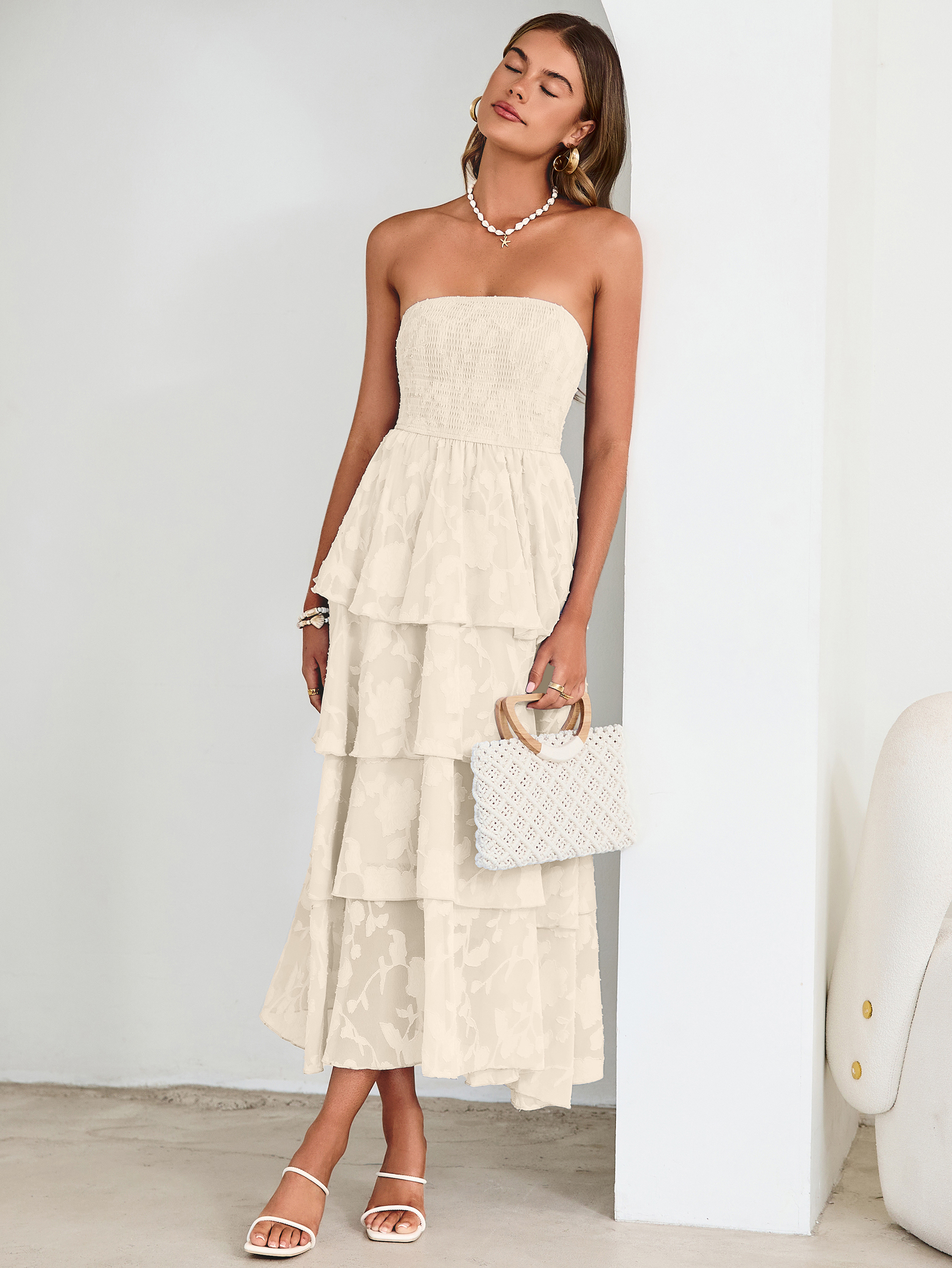Floral Strapless Smocked Tiered Maxi Dress - Beige