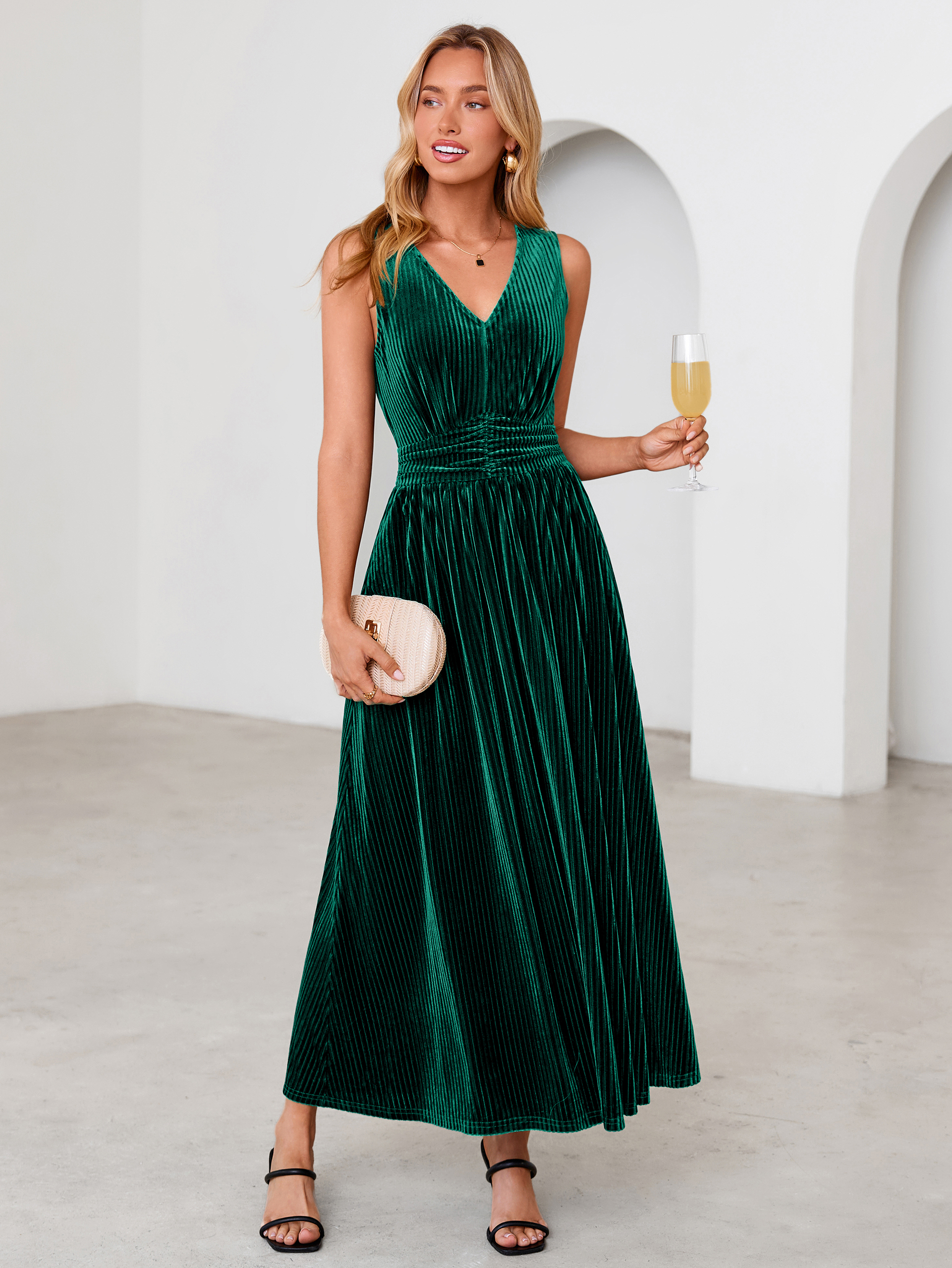 Sleeveless Deep V Neck Ribbed Velvet Maxi Dress