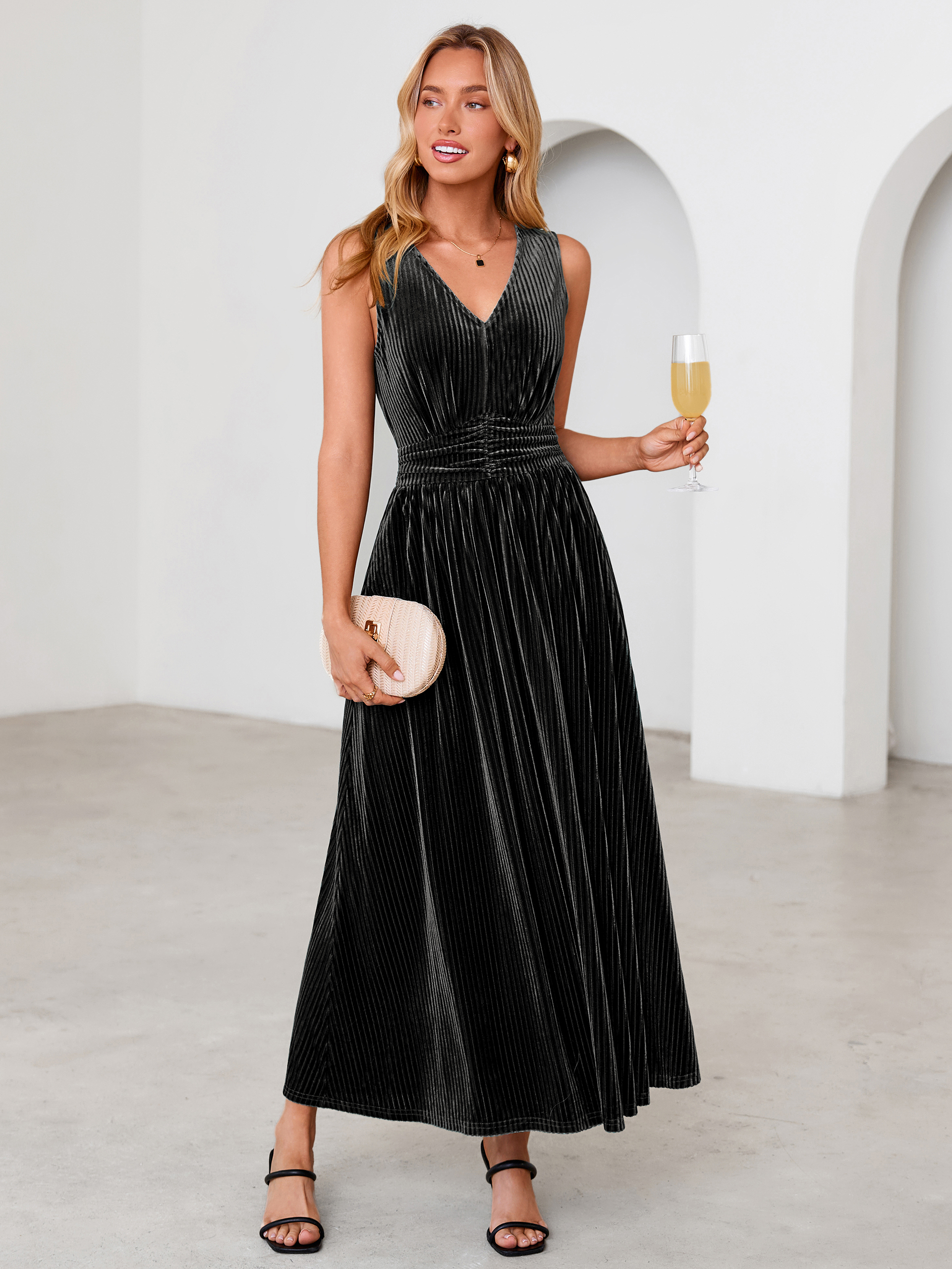 Sleeveless Deep V Neck Ribbed Velvet Maxi Dress