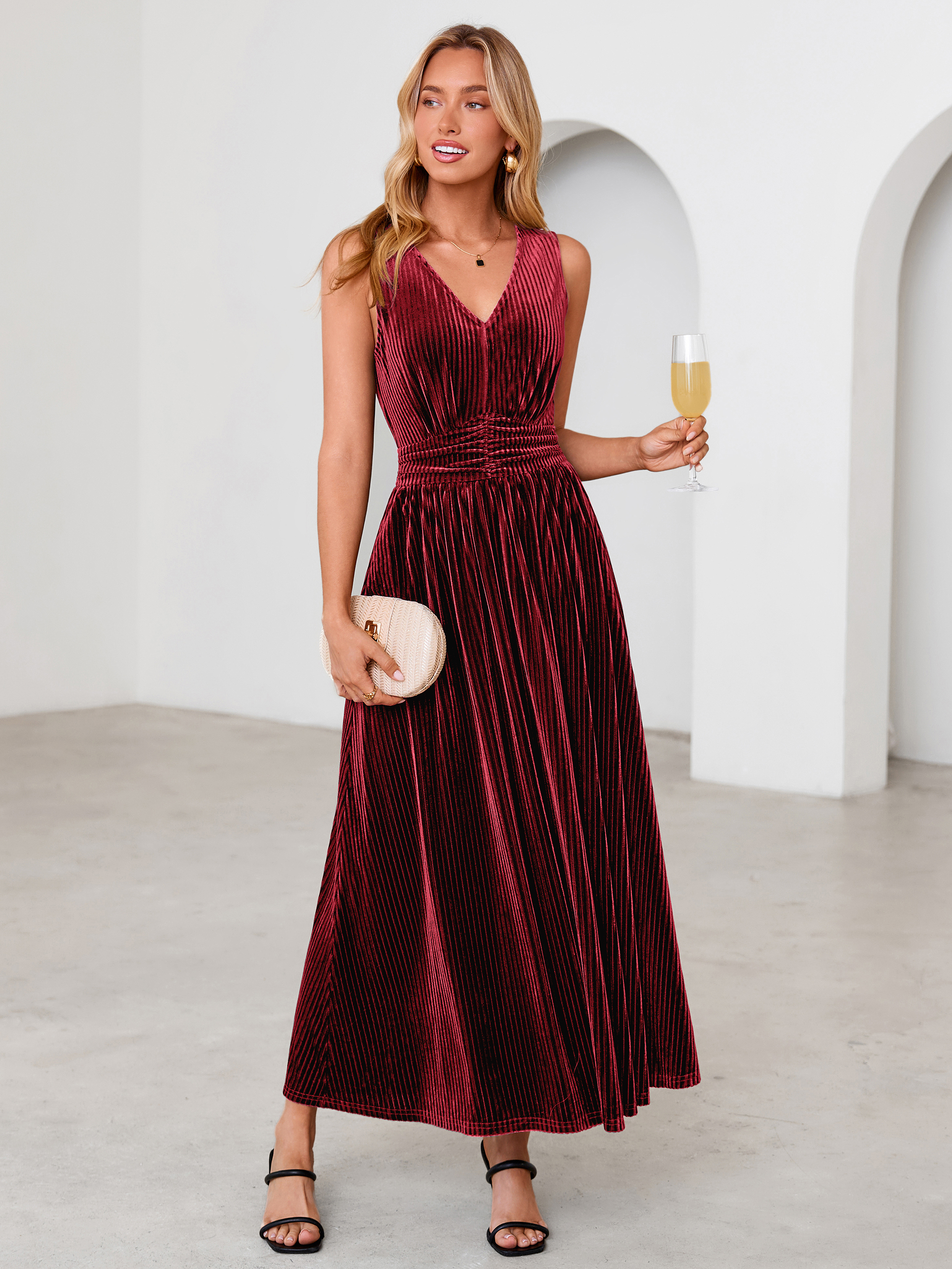 Sleeveless Deep V Neck Ribbed Velvet Maxi Dress