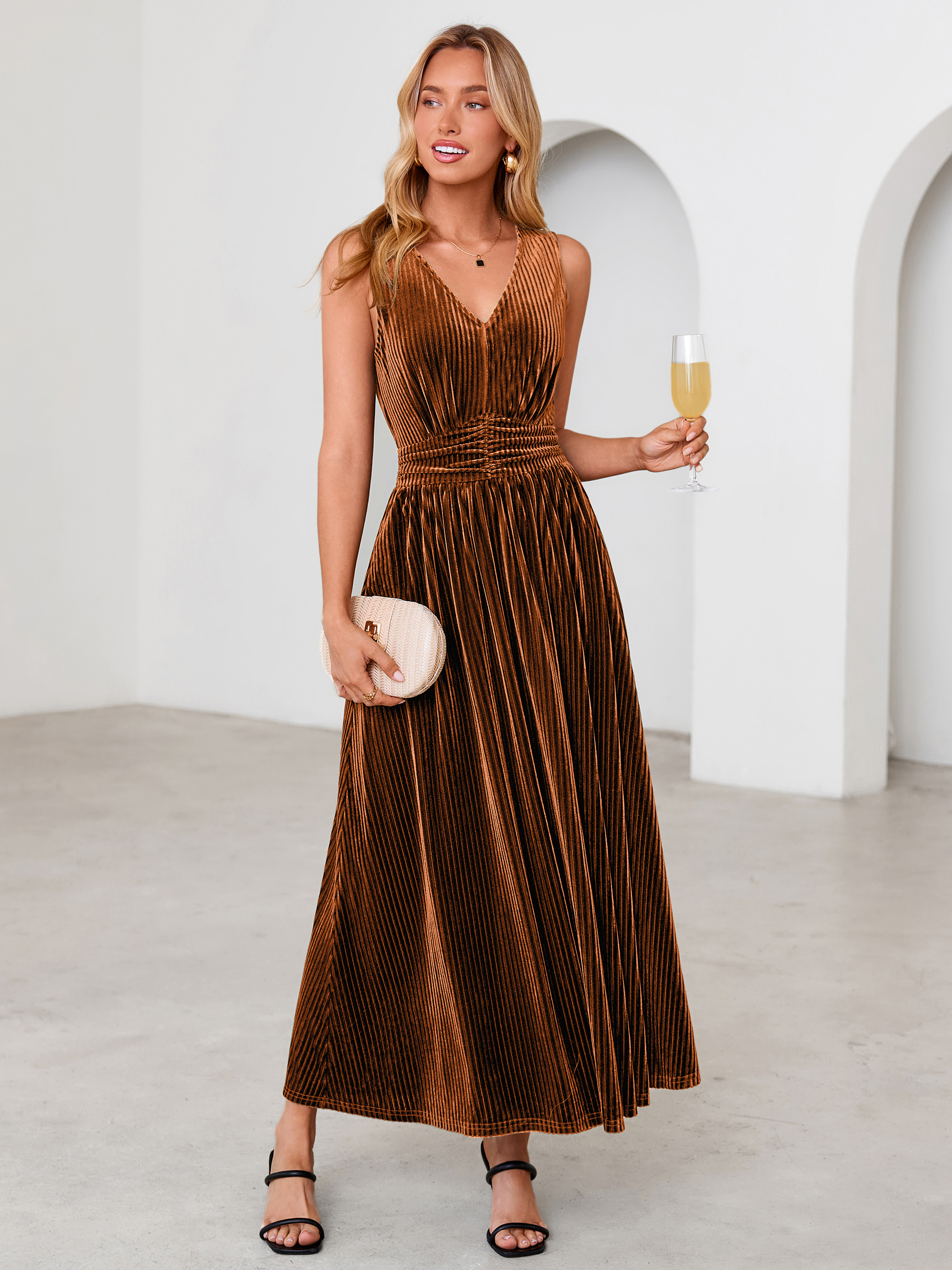 Sleeveless Deep V Neck Ribbed Velvet Maxi Dress
