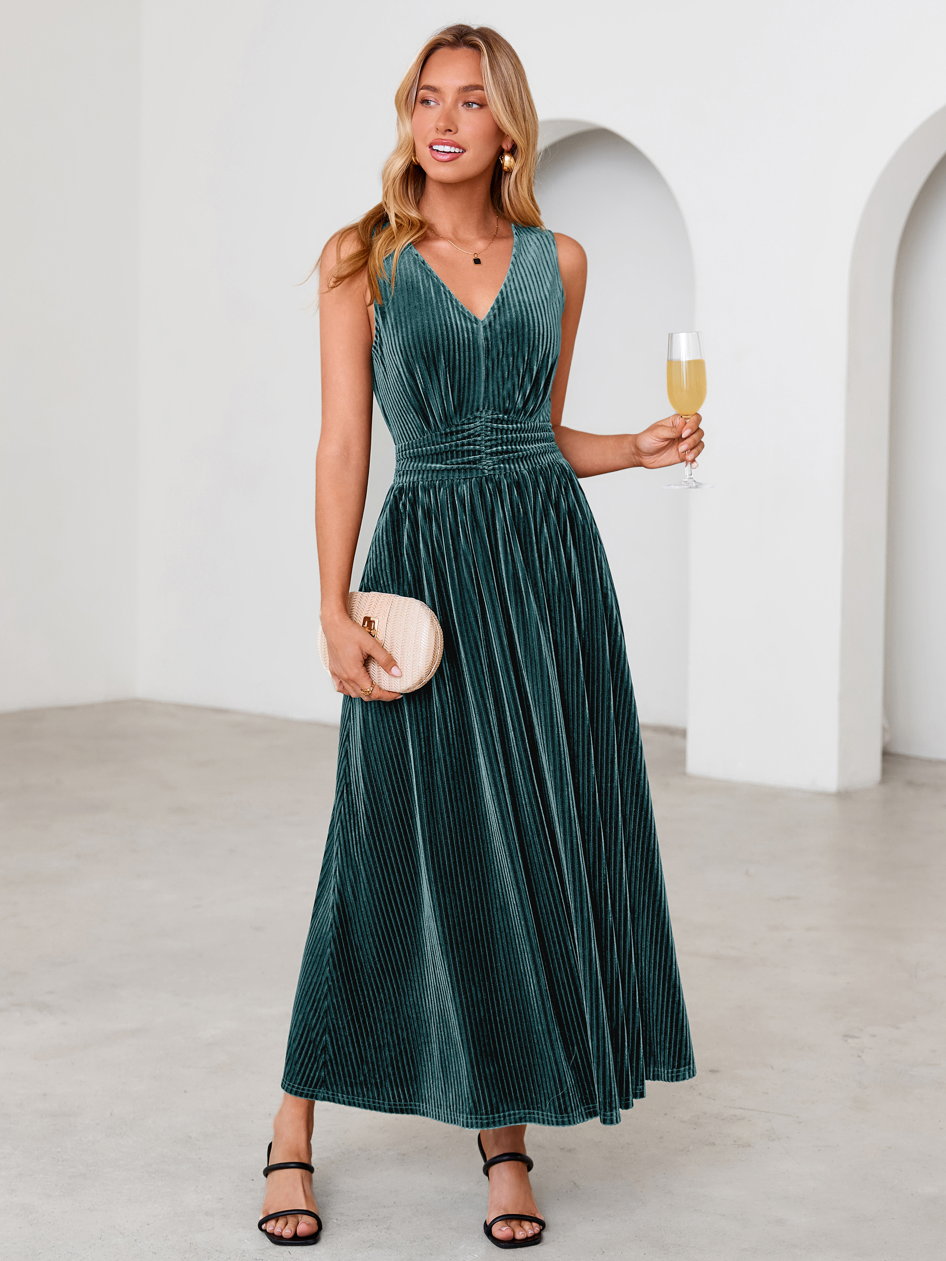 Sleeveless Deep V Neck Ribbed Velvet Maxi Dress
