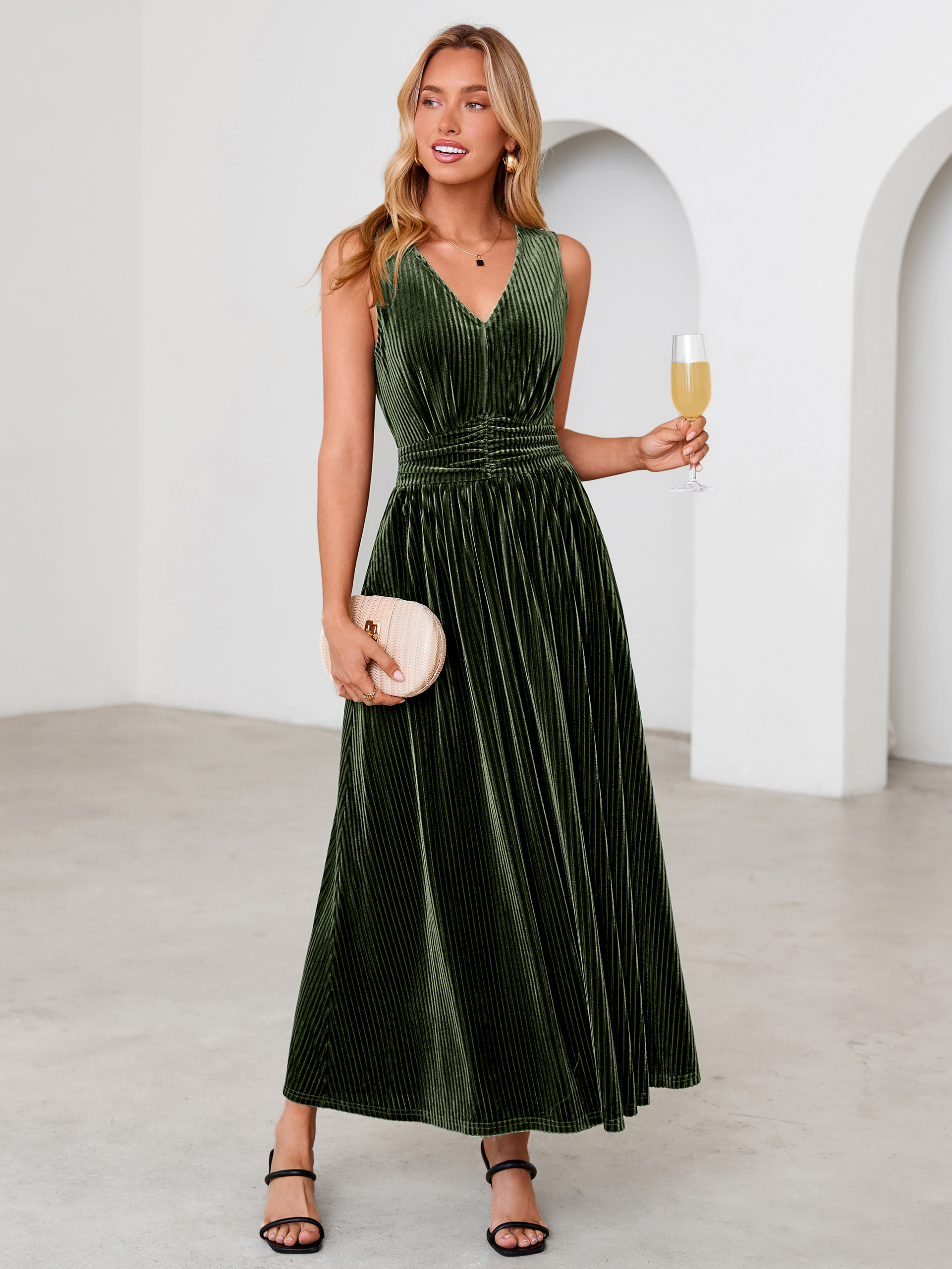 Sleeveless Deep V Neck Ribbed Velvet Maxi Dress