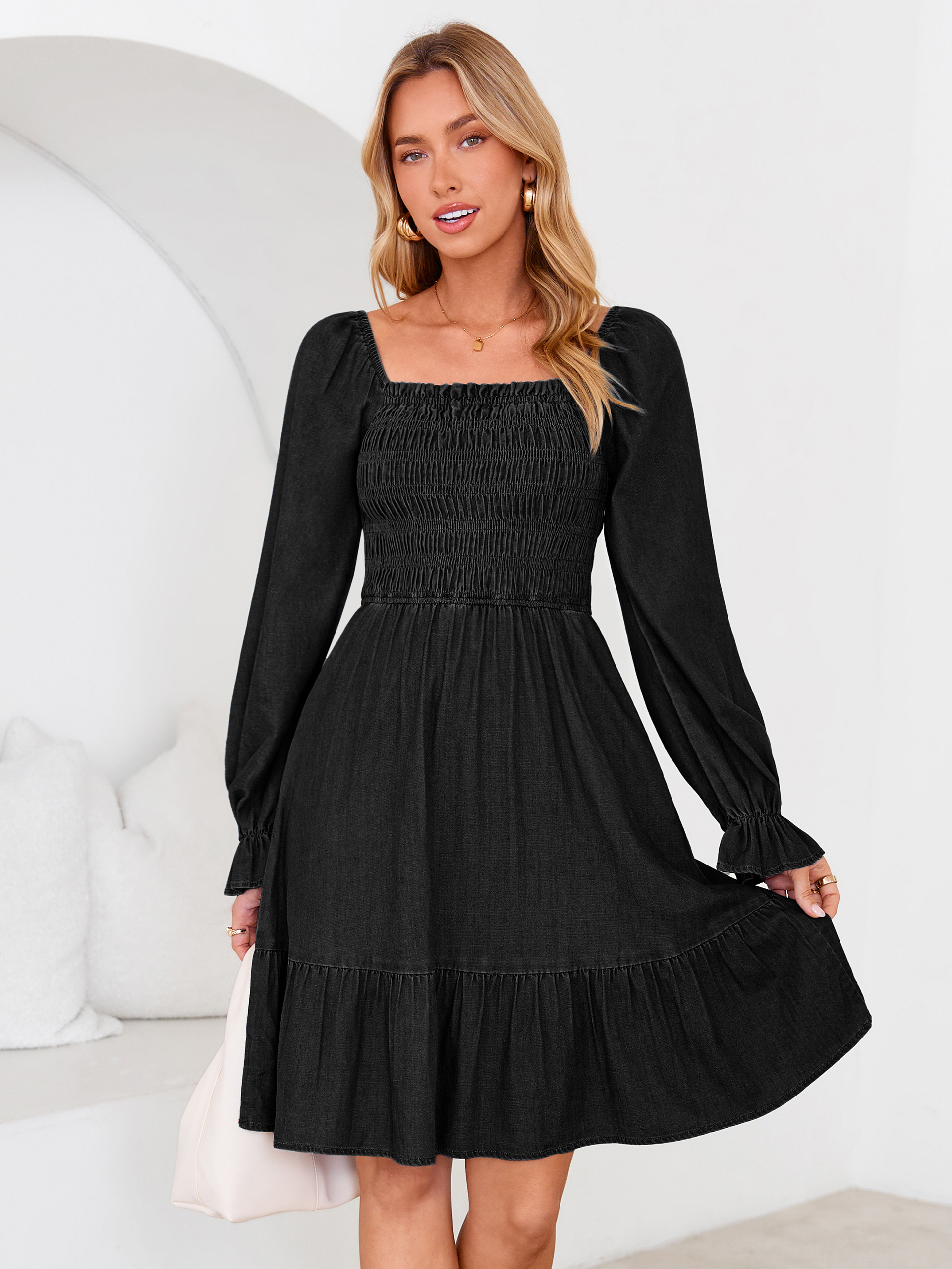 Long Sleeve Smocked Lyocell A-Line Denim Mini Dress - Black