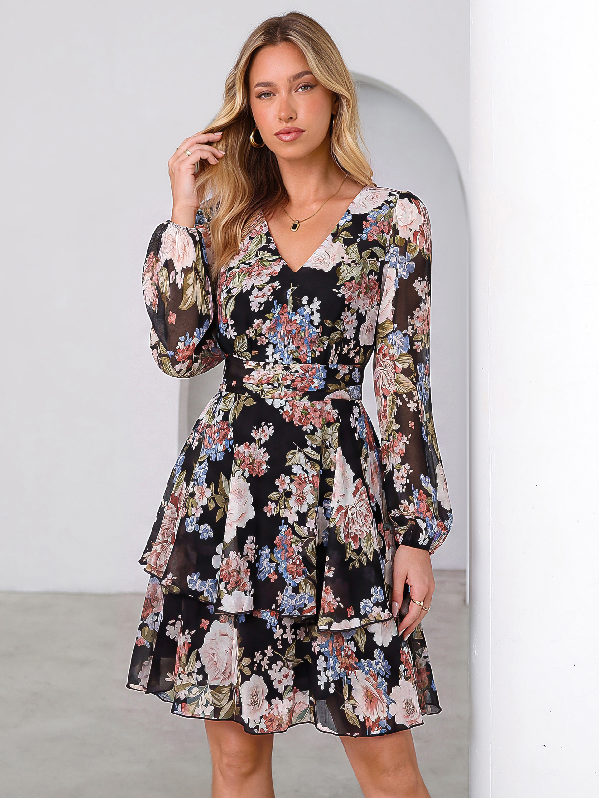 Long Sleeve Floral Chiffon A-Line Mini Dress