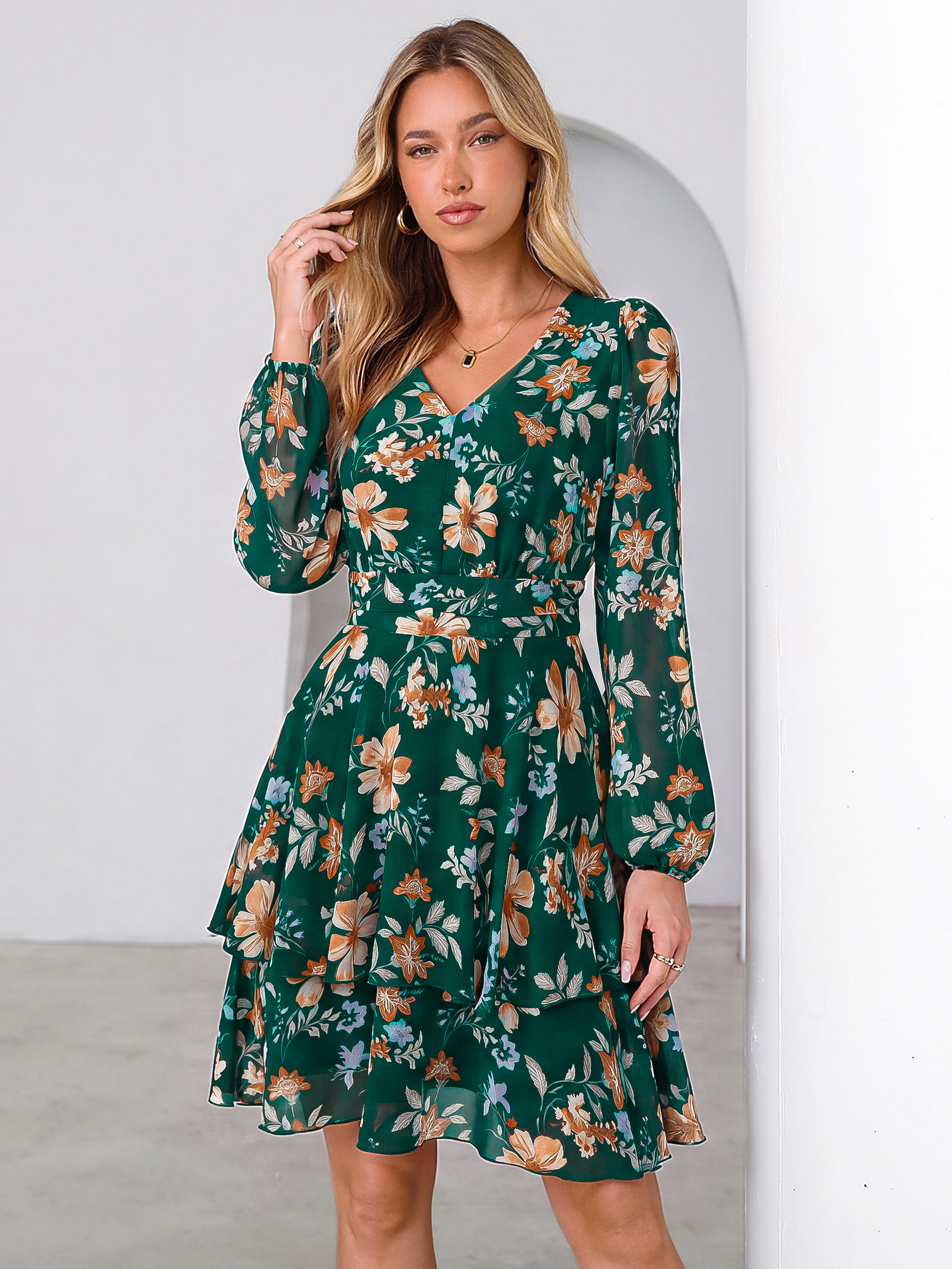 Long Sleeve Floral Chiffon A-Line Mini Dress
