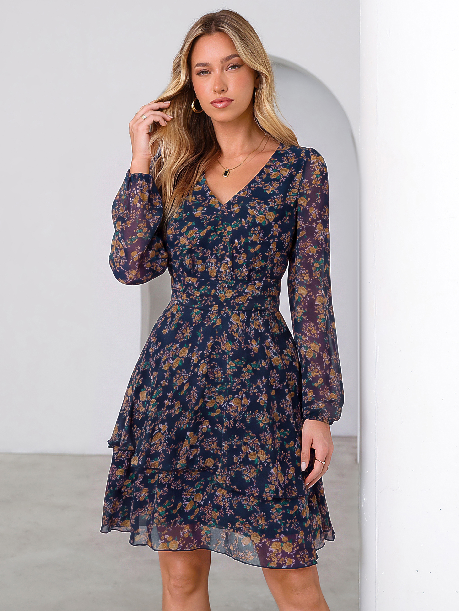 Long Sleeve Floral Chiffon A-Line Mini Dress