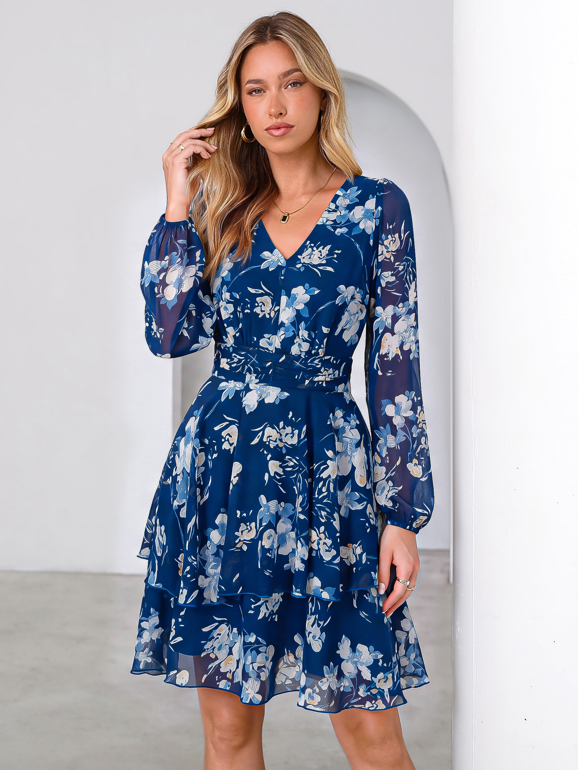Long Sleeve Floral Chiffon A-Line Mini Dress