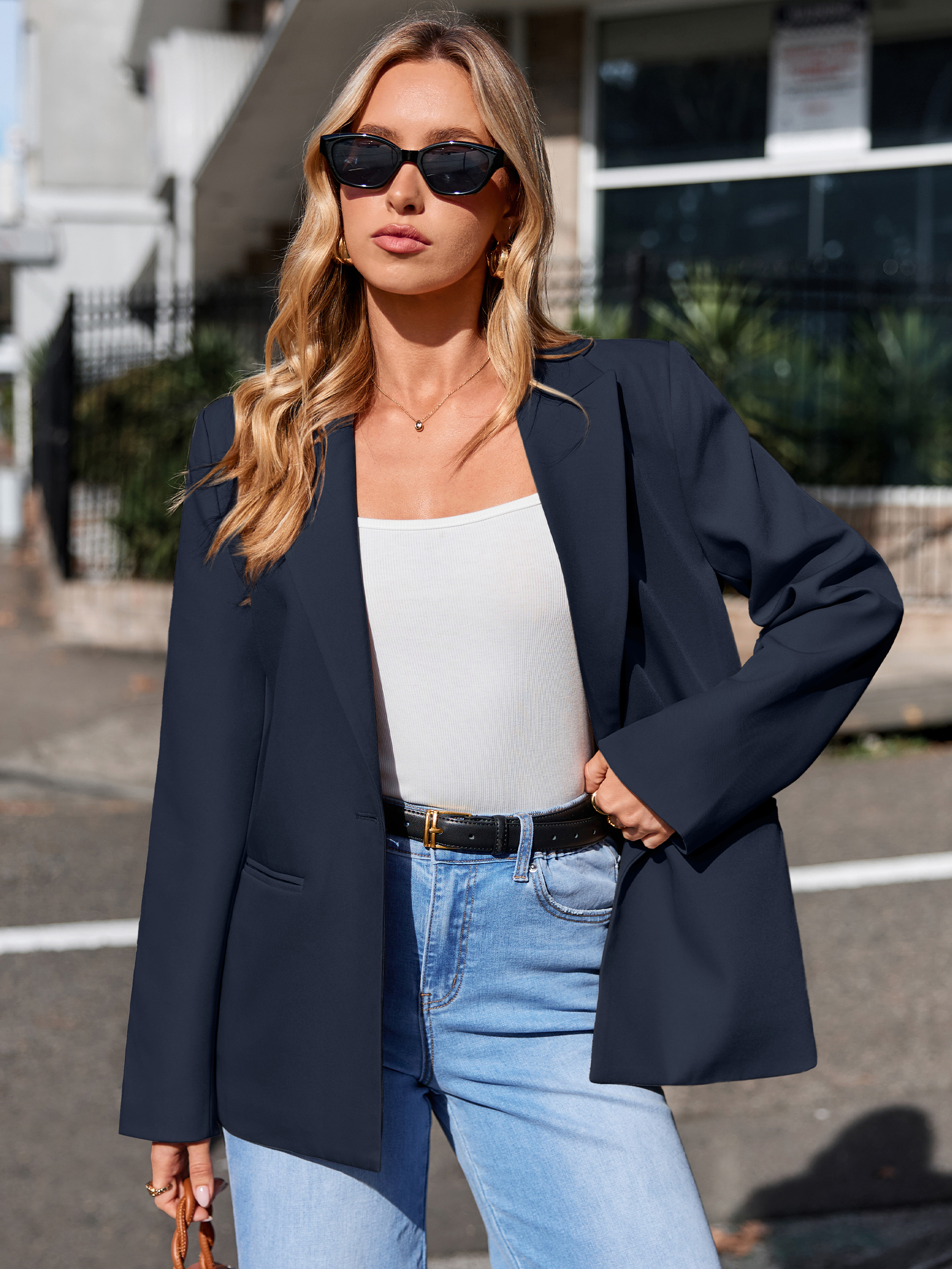 Single Button Notch Lapel Tailored Work Blazer