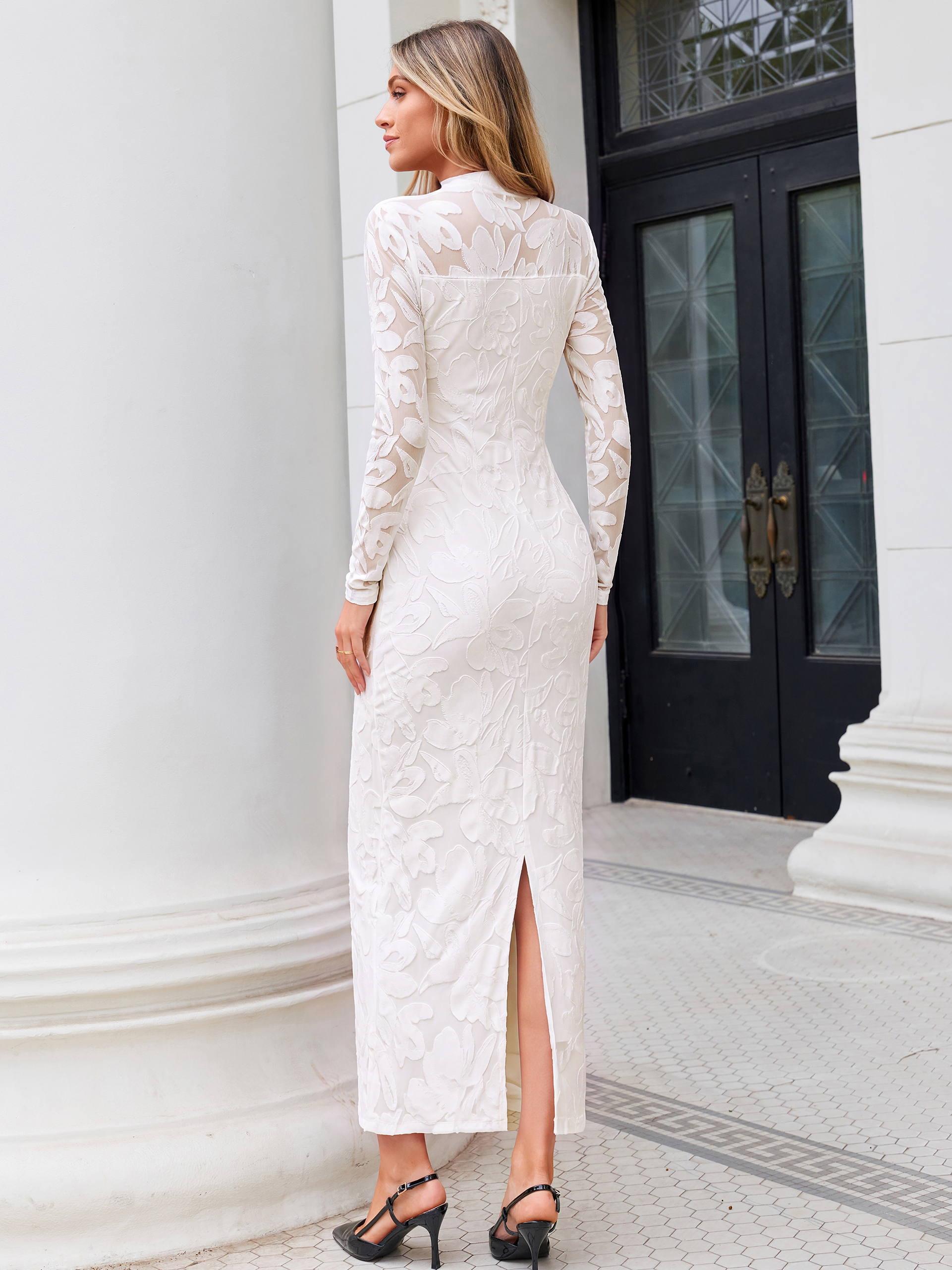 Elegant Floral Mesh Long Sleeve Bodycon Maxi Dress