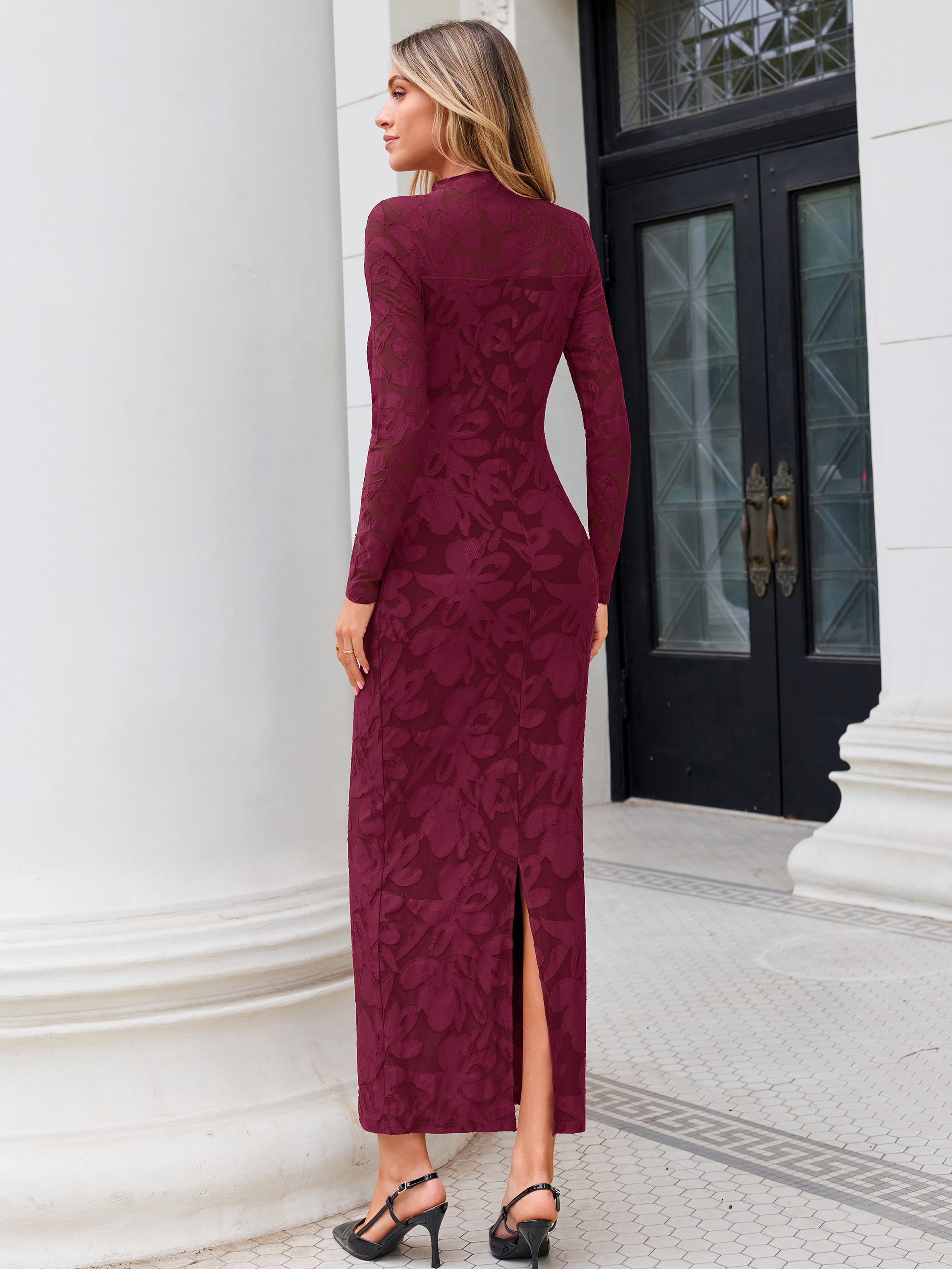 Elegant Floral Mesh Long Sleeve Bodycon Maxi Dress