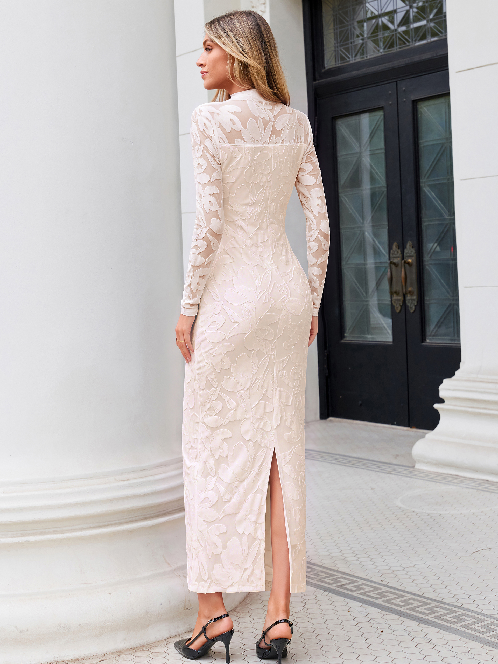 Elegant Floral Mesh Long Sleeve Bodycon Maxi Dress