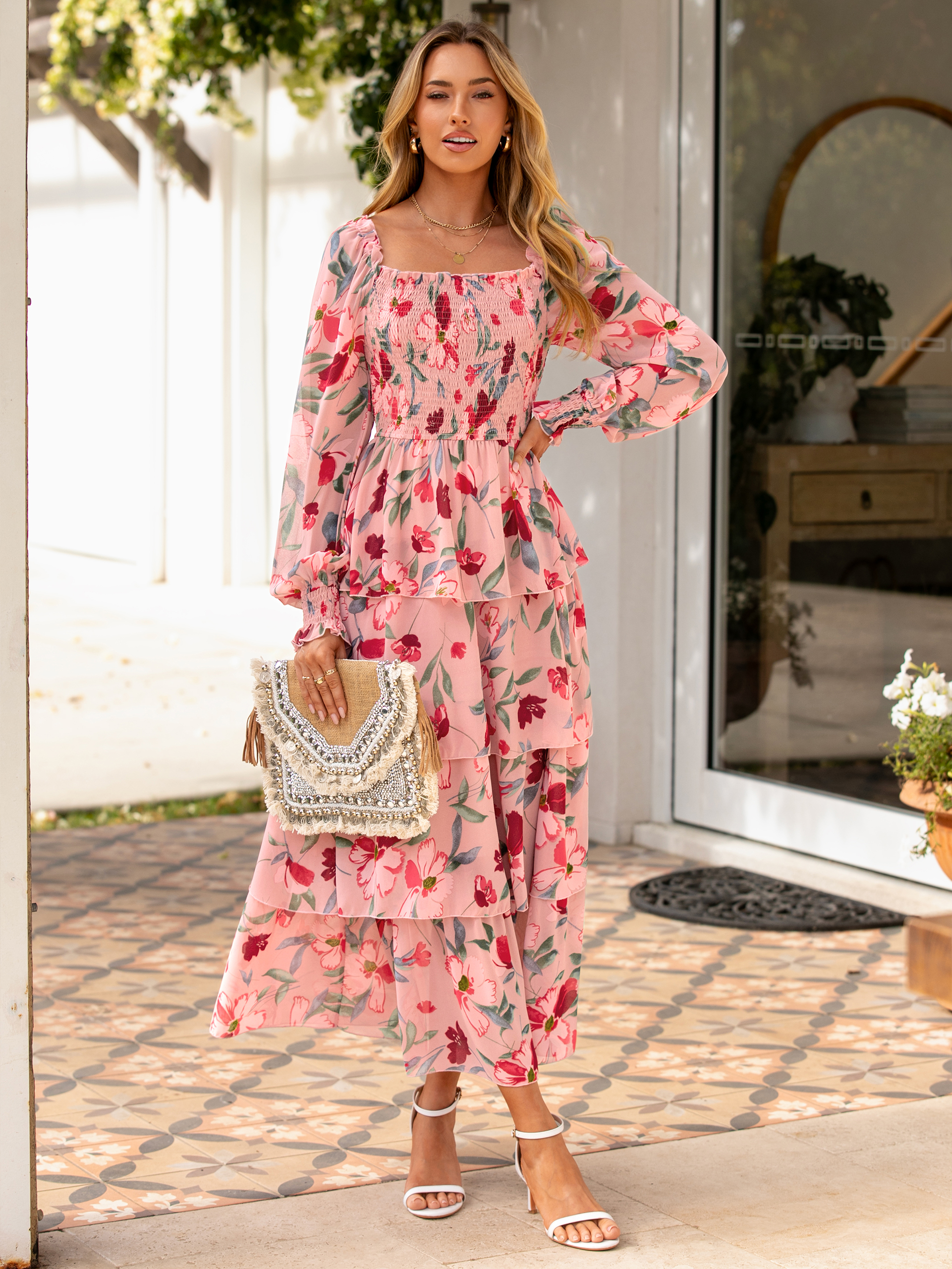 Floral Chiffon Tiered Smocked Wedding Guest Dress