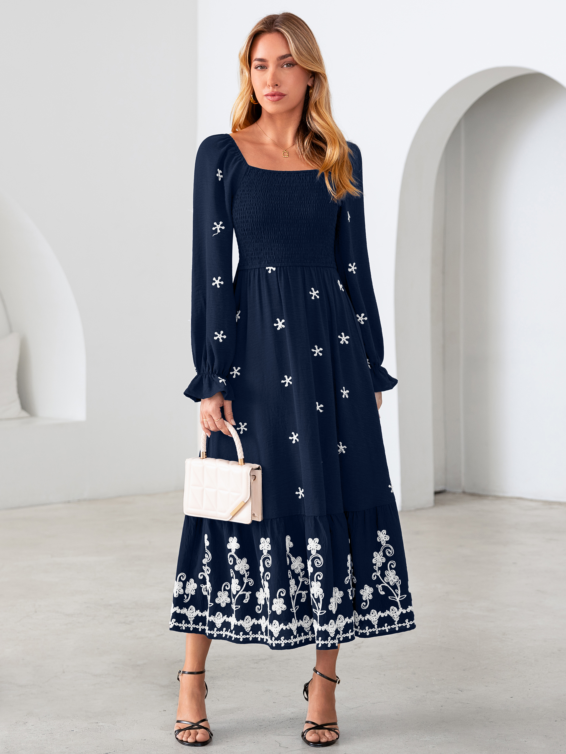 Boho Square Neck Floral Embroidered Maxi Dress
