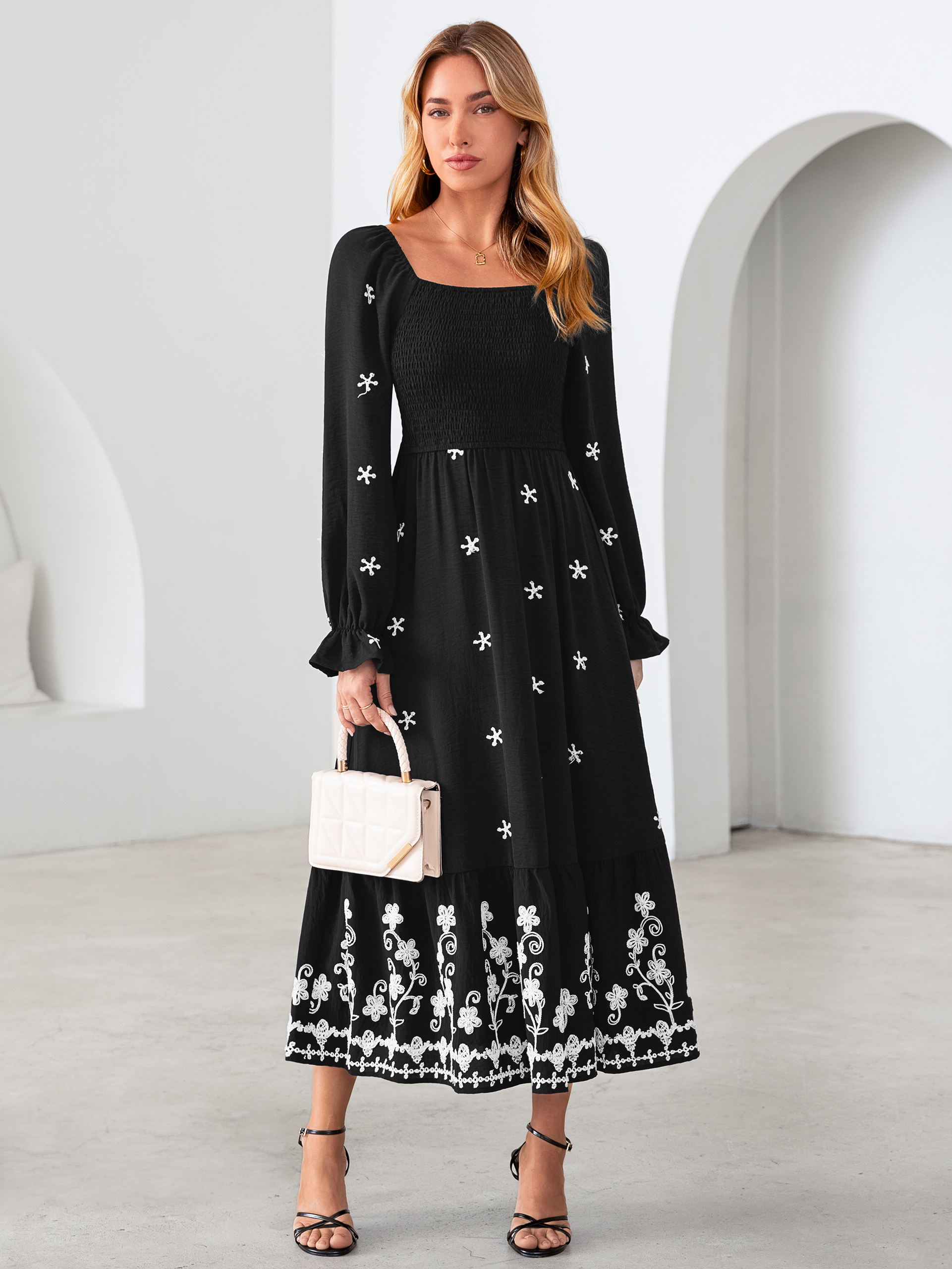 Boho Square Neck Floral Embroidered Maxi Dress
