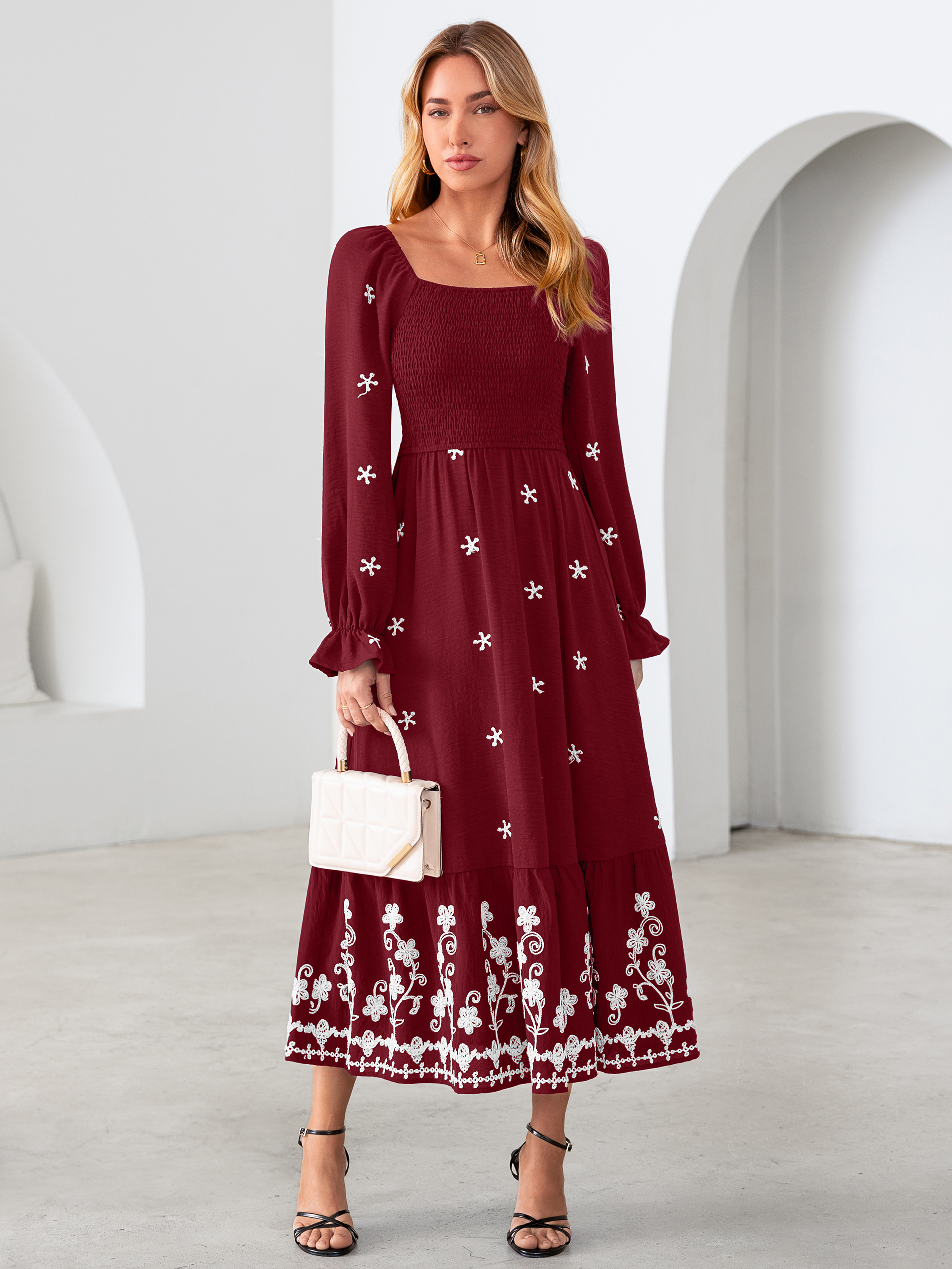Boho Square Neck Floral Embroidered Maxi Dress