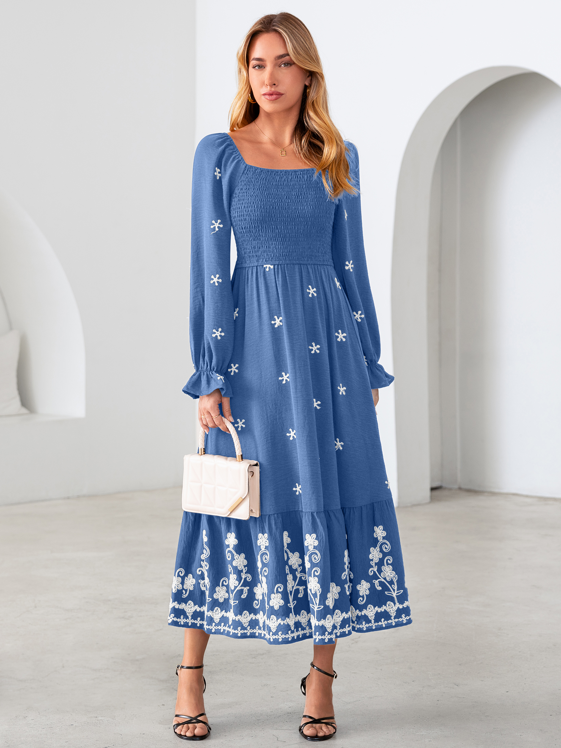 Boho Square Neck Floral Embroidered Maxi Dress