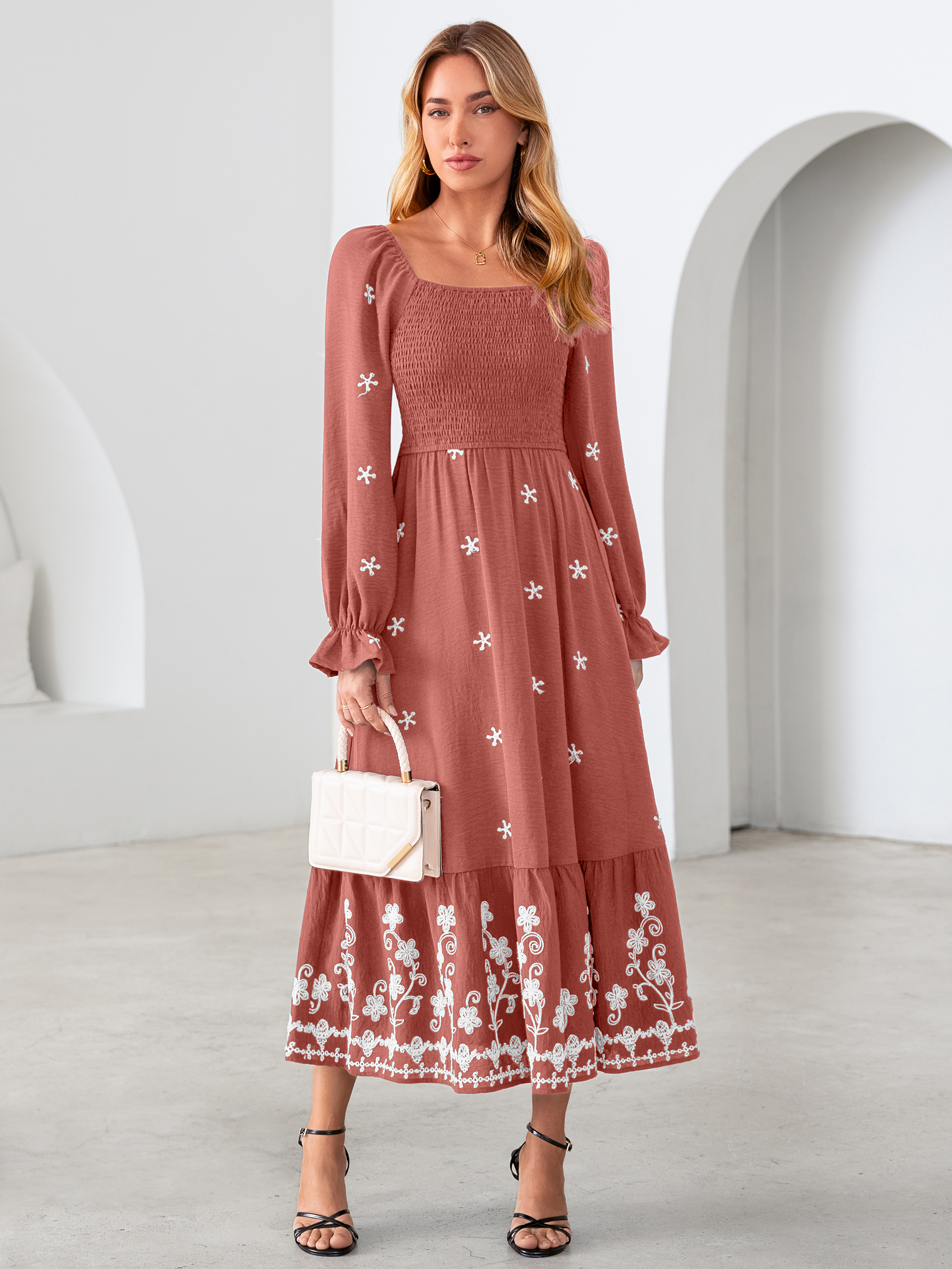Boho Square Neck Floral Embroidered Maxi Dress