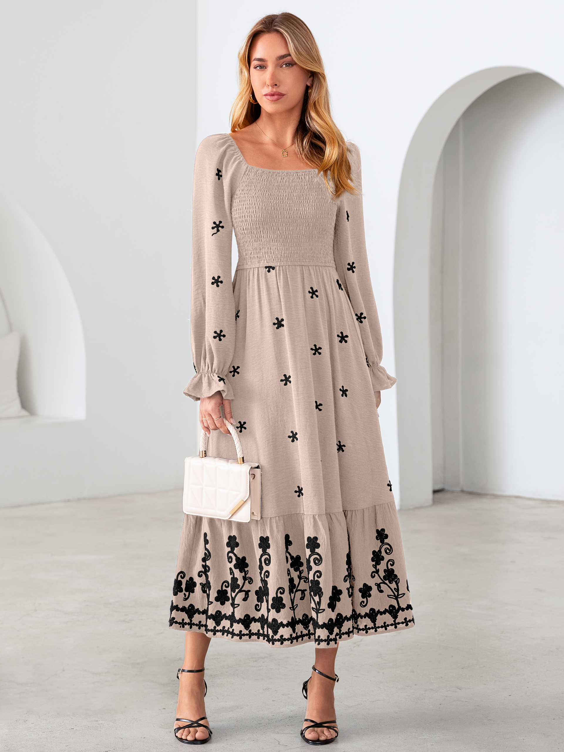 Boho Square Neck Floral Embroidered Maxi Dress