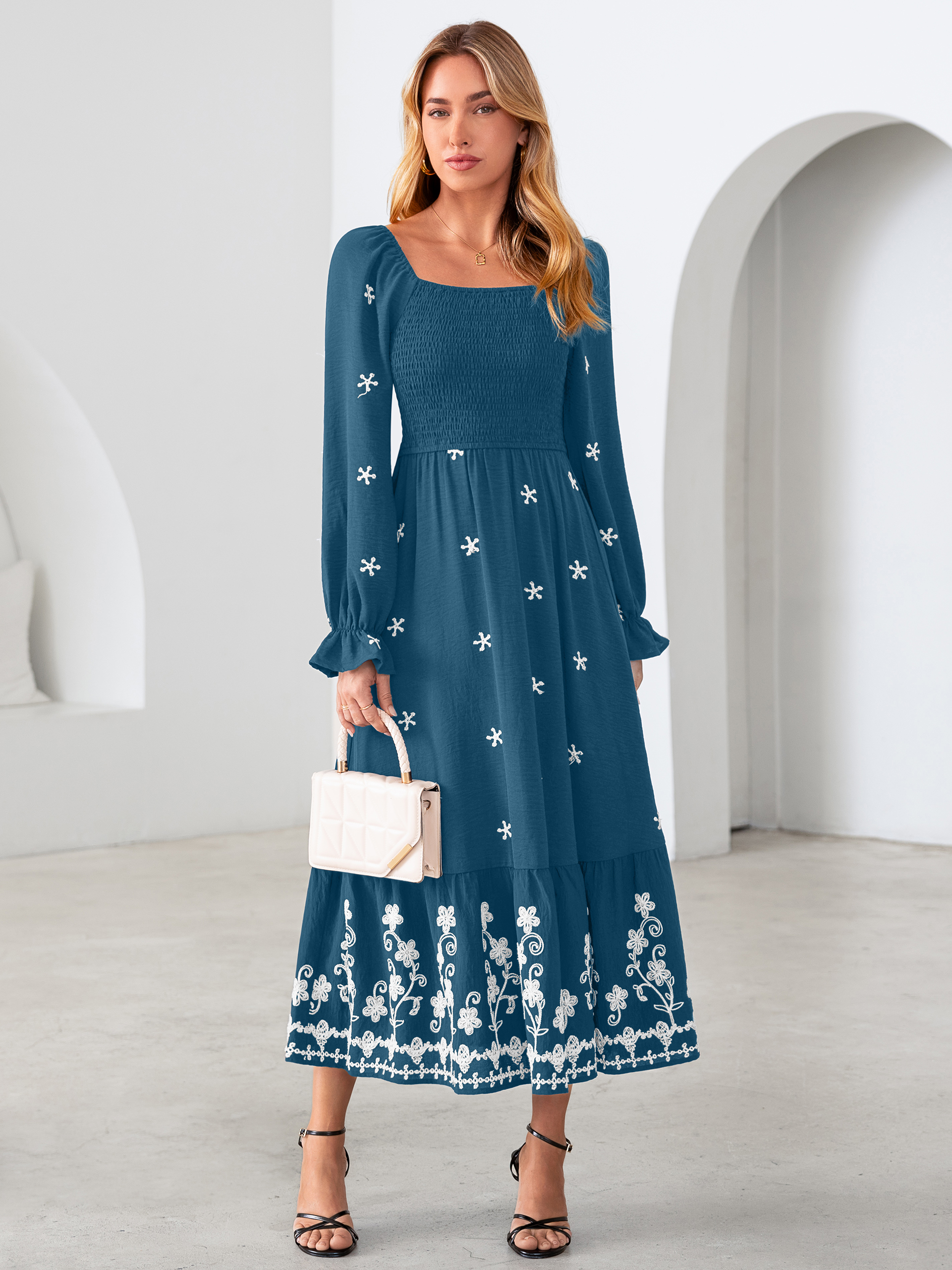 Boho Square Neck Floral Embroidered Maxi Dress
