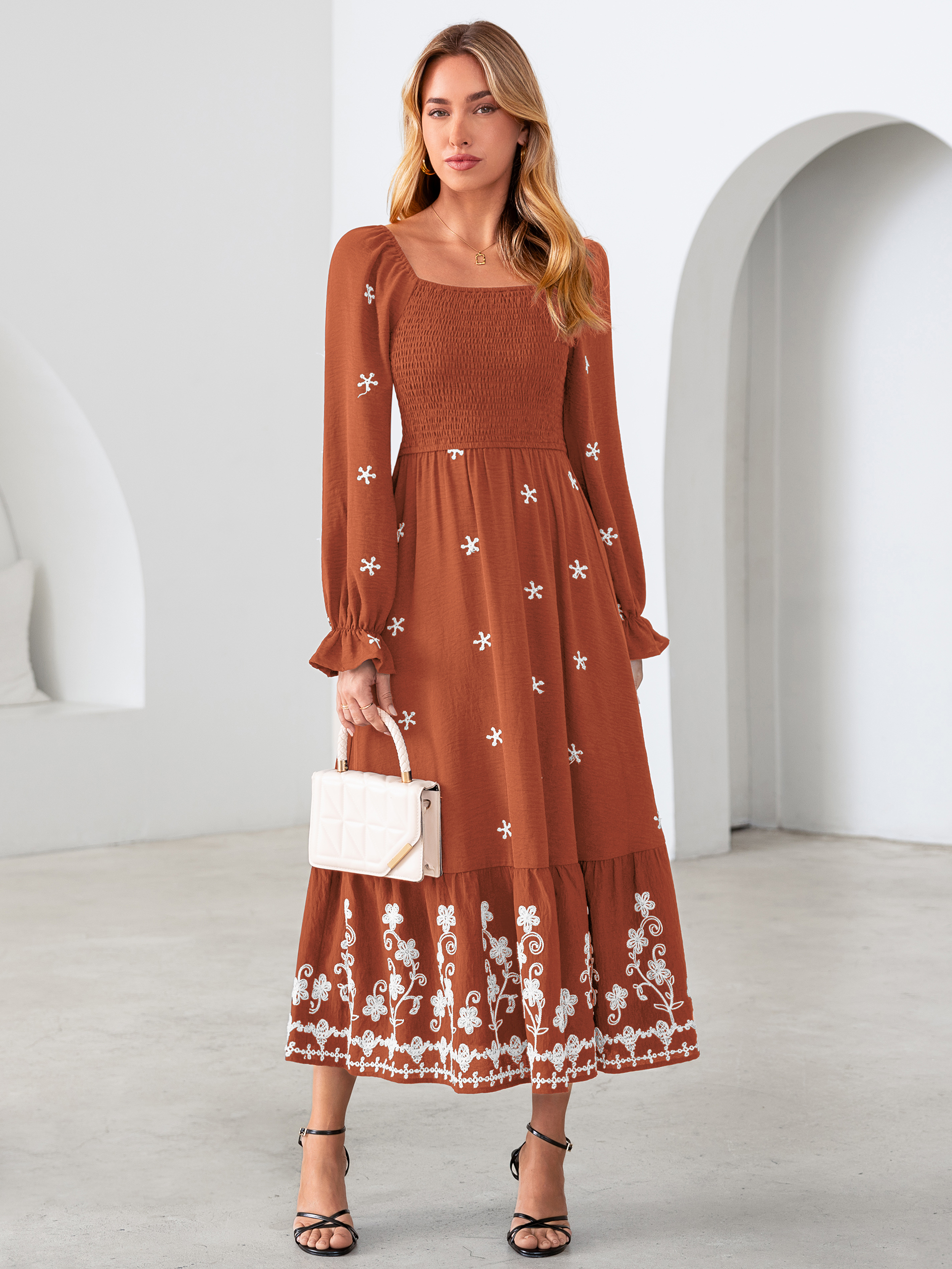 Boho Square Neck Floral Embroidered Maxi Dress