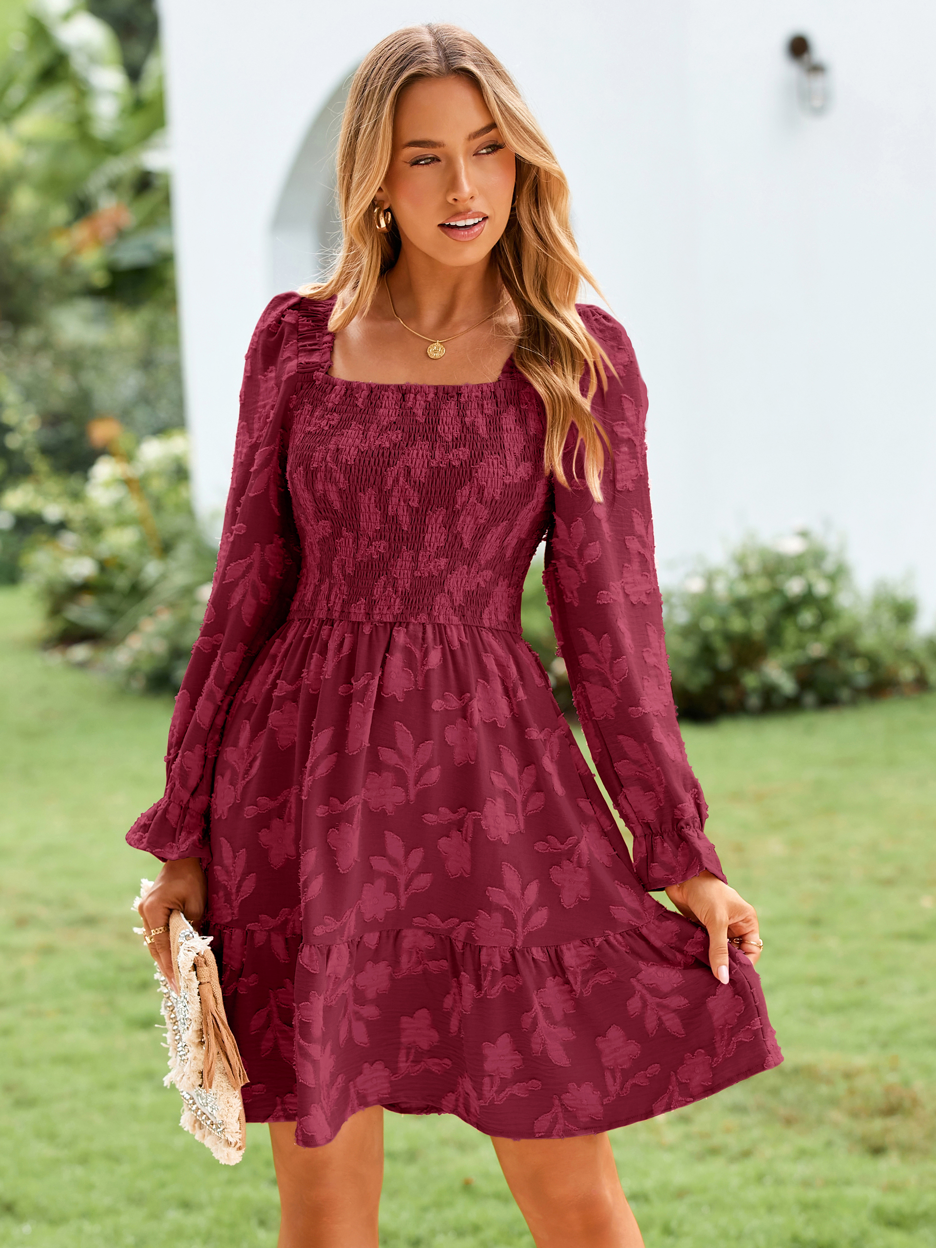 Square Neck Long Sleeve Ruffle Mini Dress - Burgundy