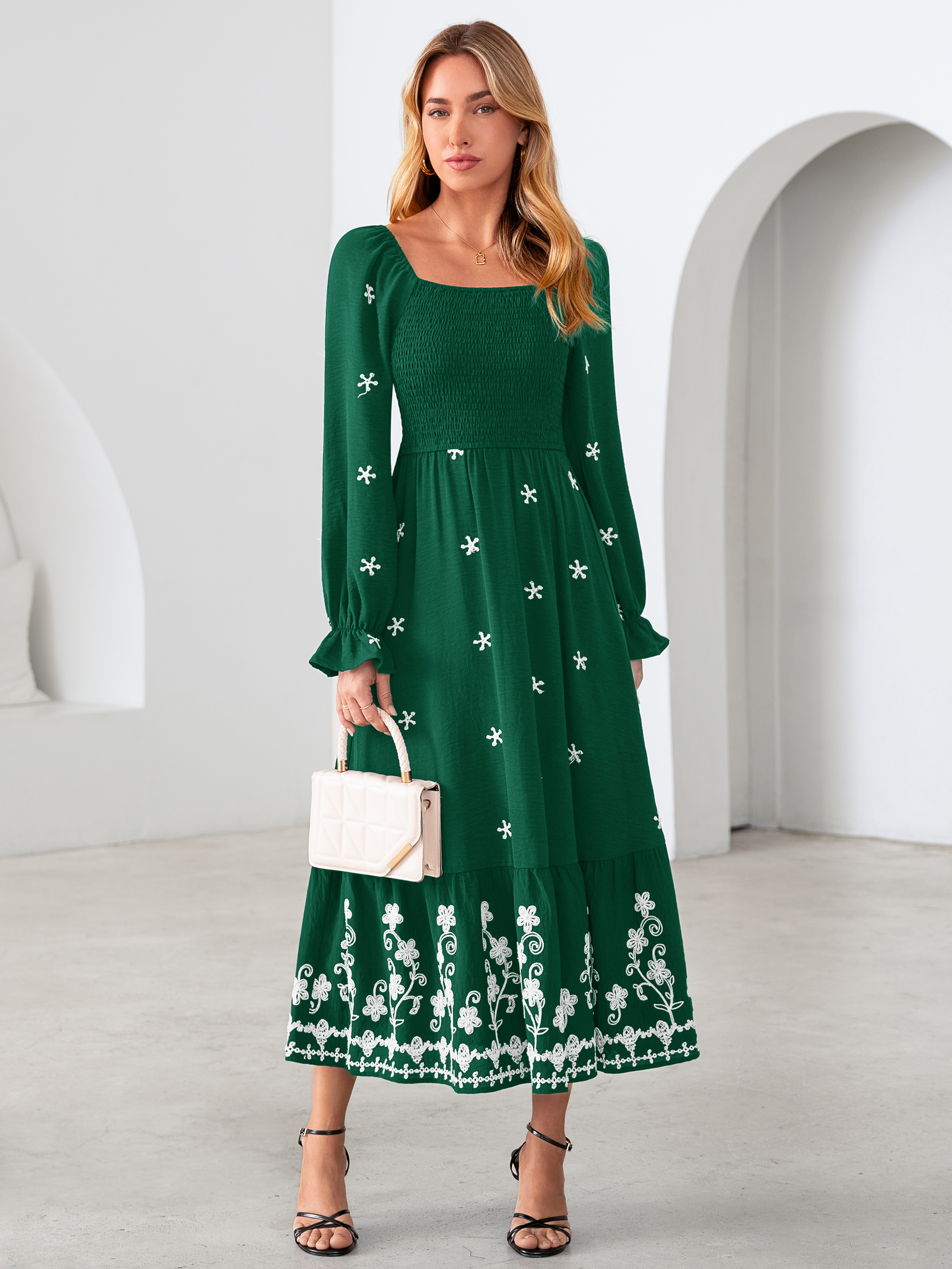 Boho Square Neck Floral Embroidered Maxi Dress