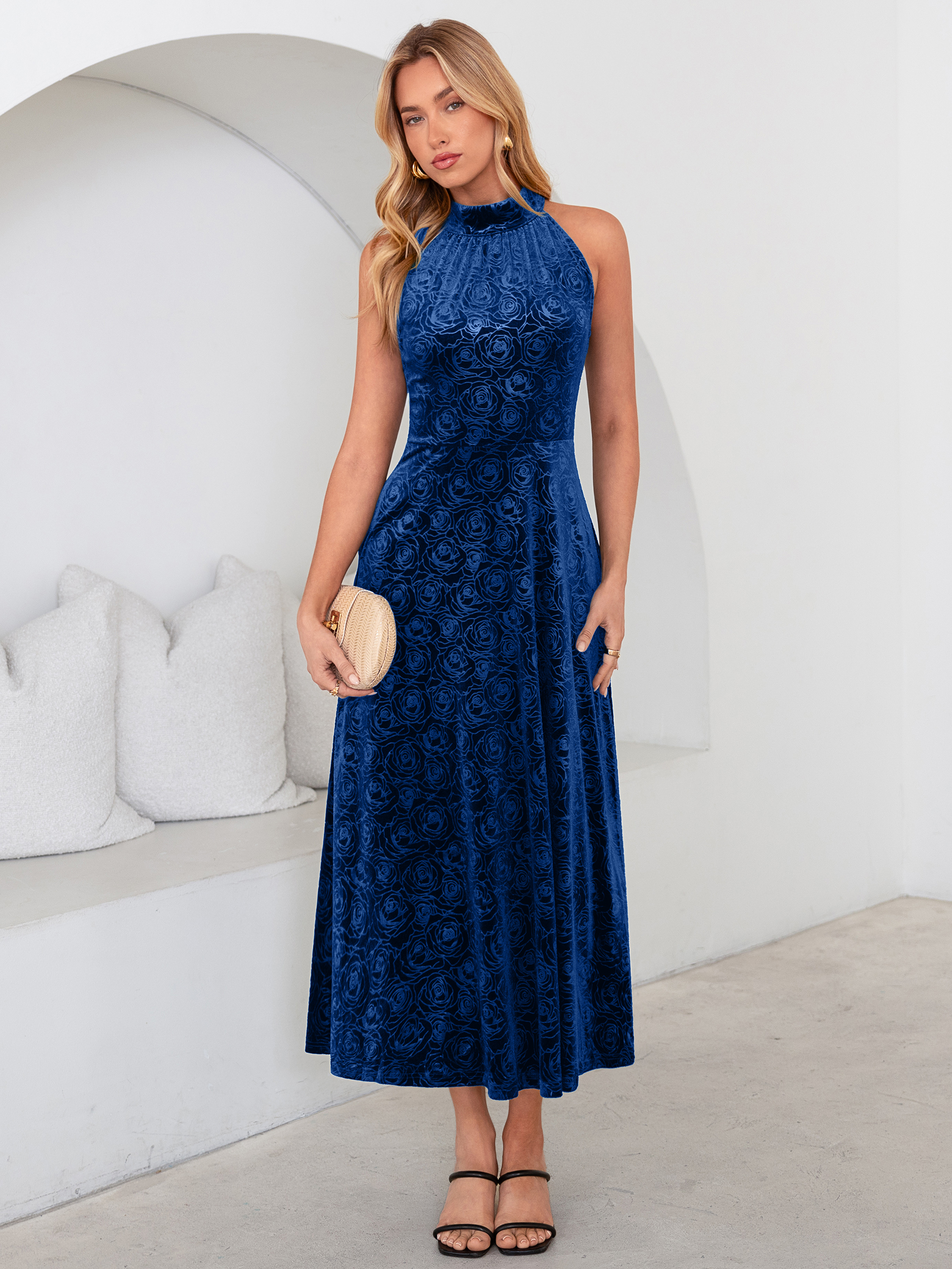 Luxurious Halter Neck Embossed Velvet Maxi Dress