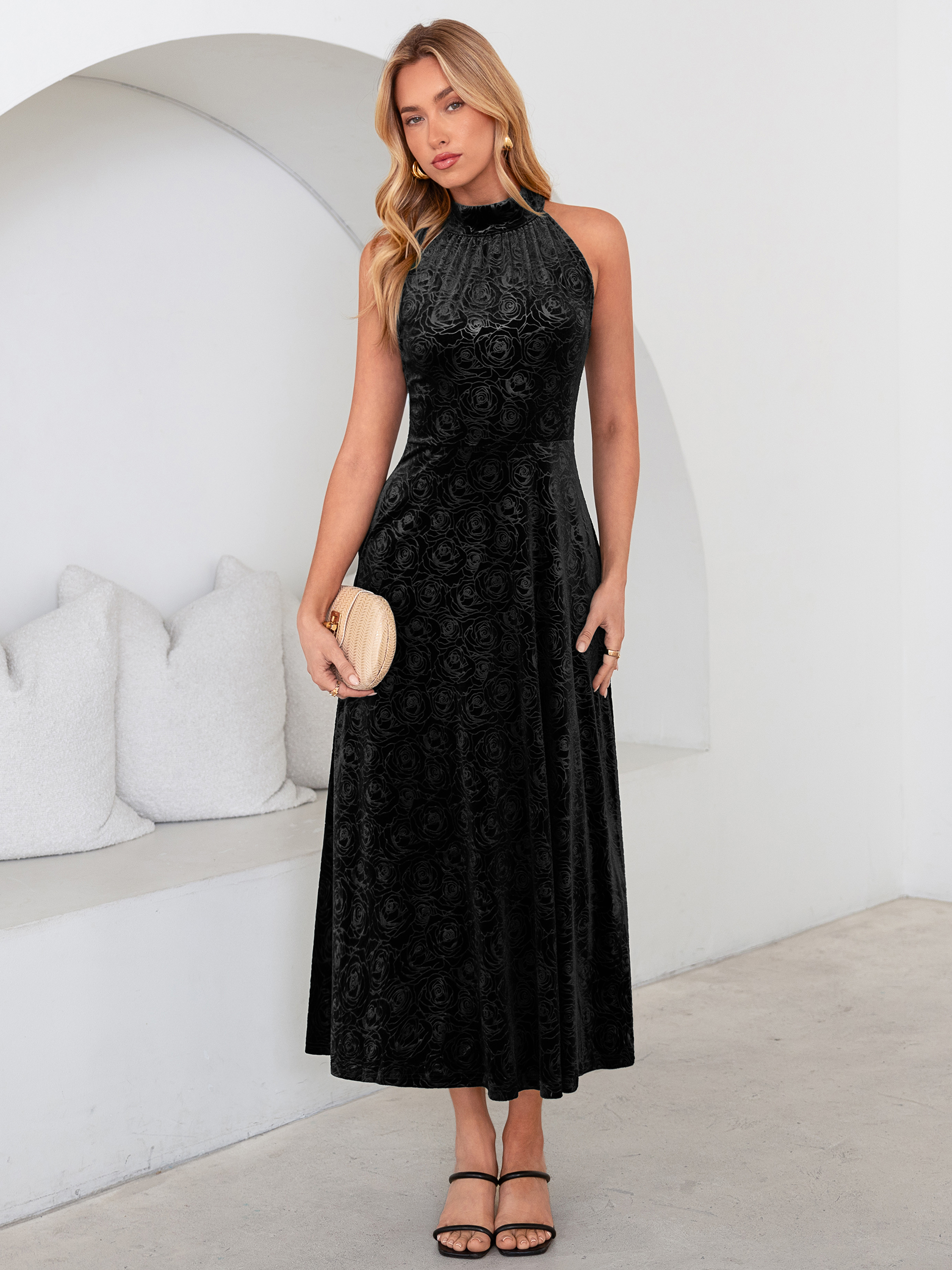 Luxurious Halter Neck Embossed Velvet Maxi Dress