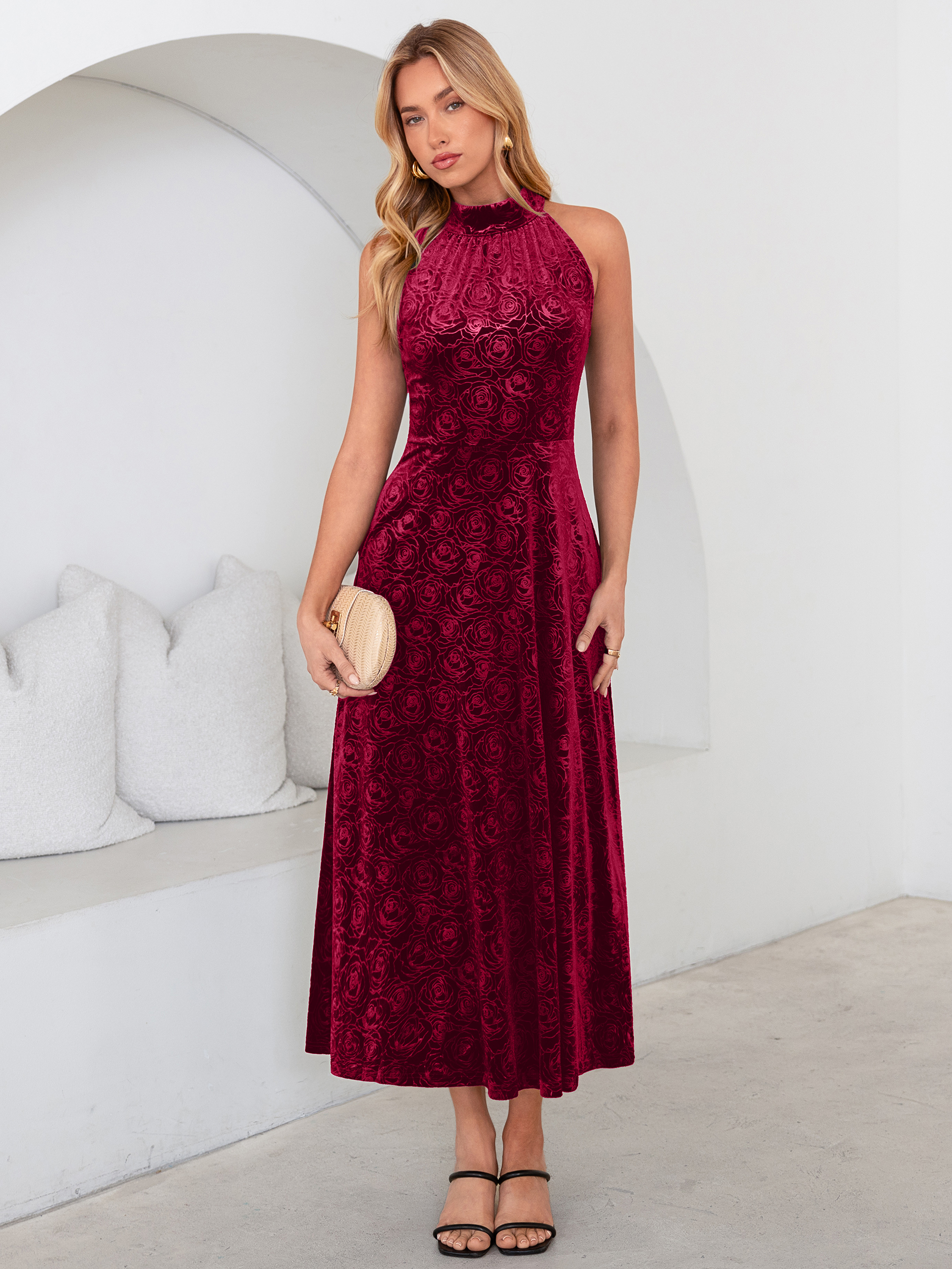 Luxurious Halter Neck Embossed Velvet Maxi Dress