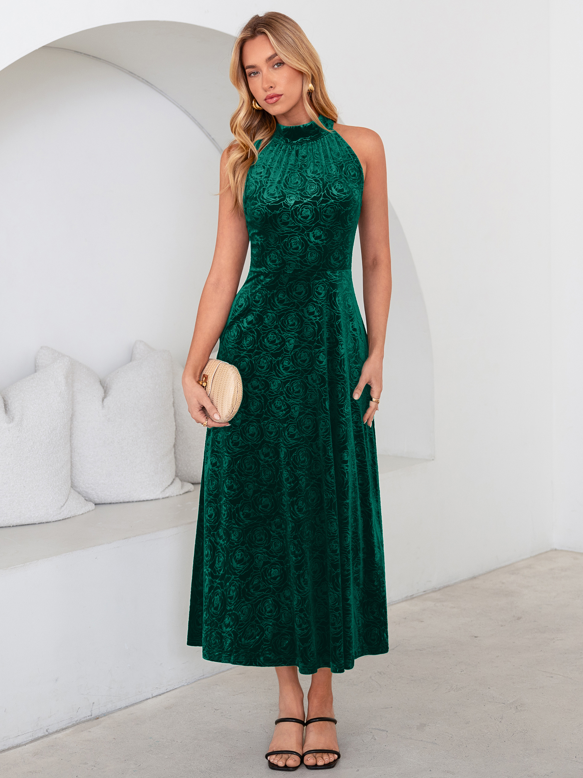 Luxurious Halter Neck Embossed Velvet Maxi Dress