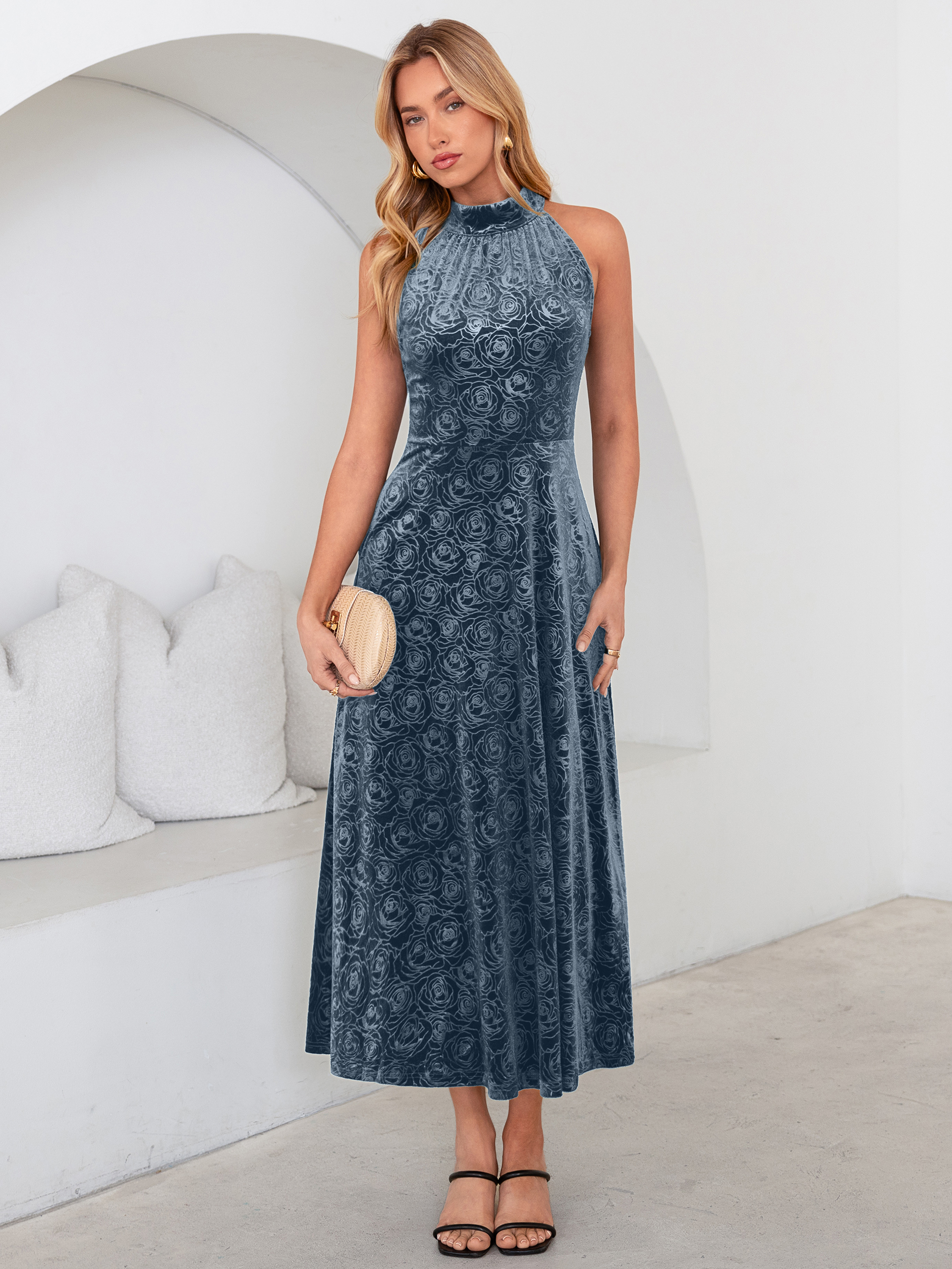 Luxurious Halter Neck Embossed Velvet Maxi Dress