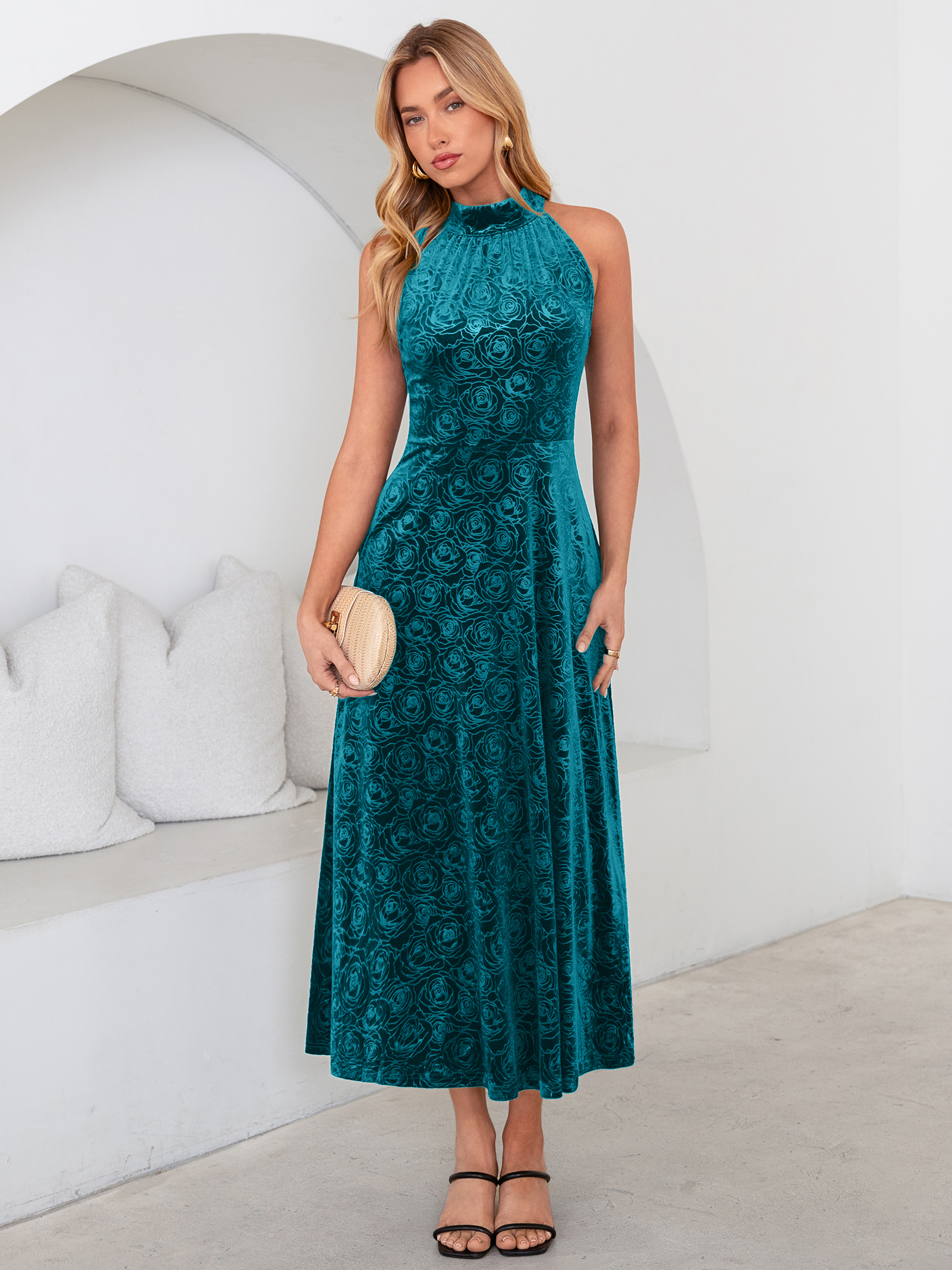 Luxurious Halter Neck Embossed Velvet Maxi Dress
