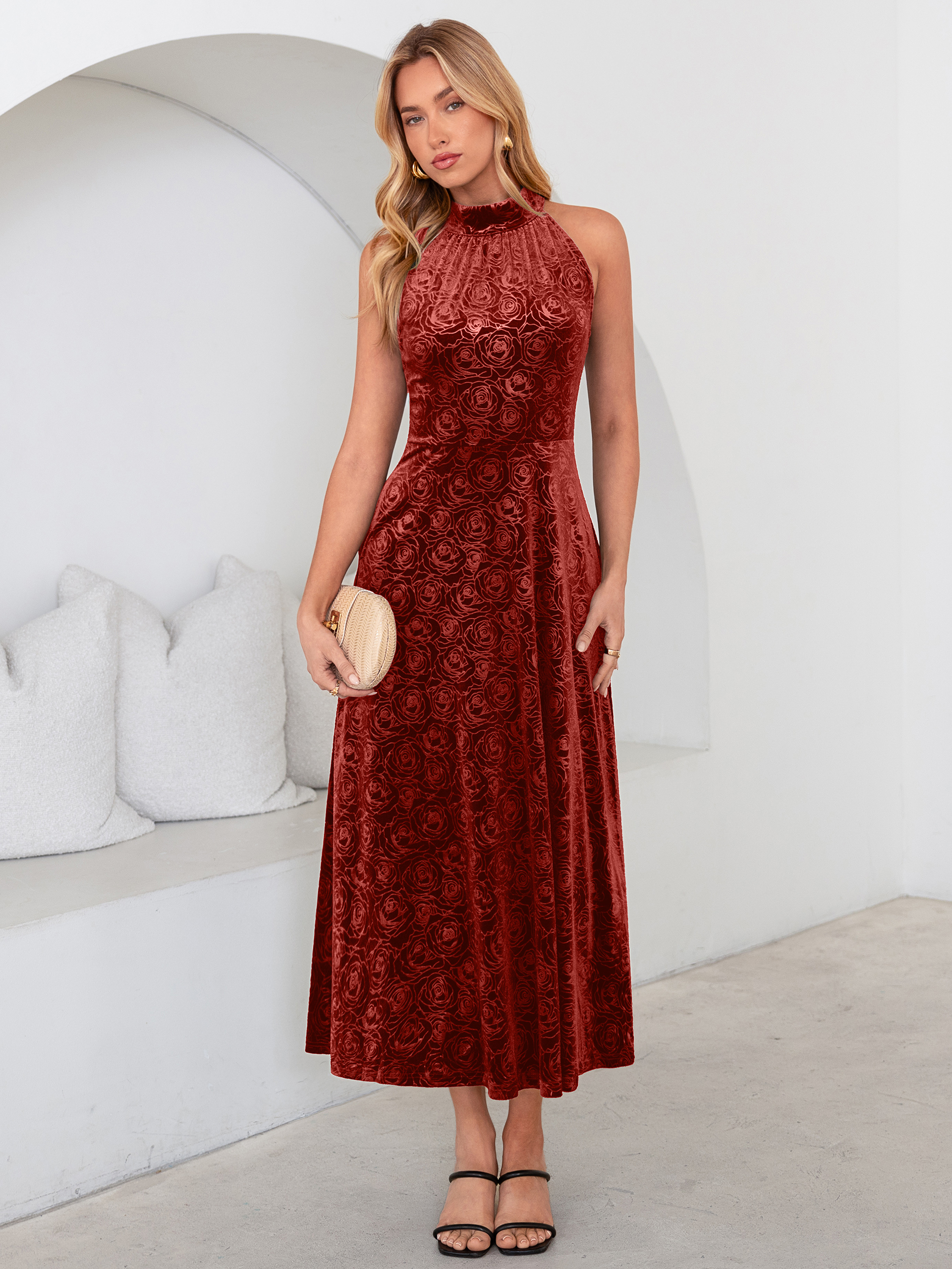 Luxurious Halter Neck Embossed Velvet Maxi Dress