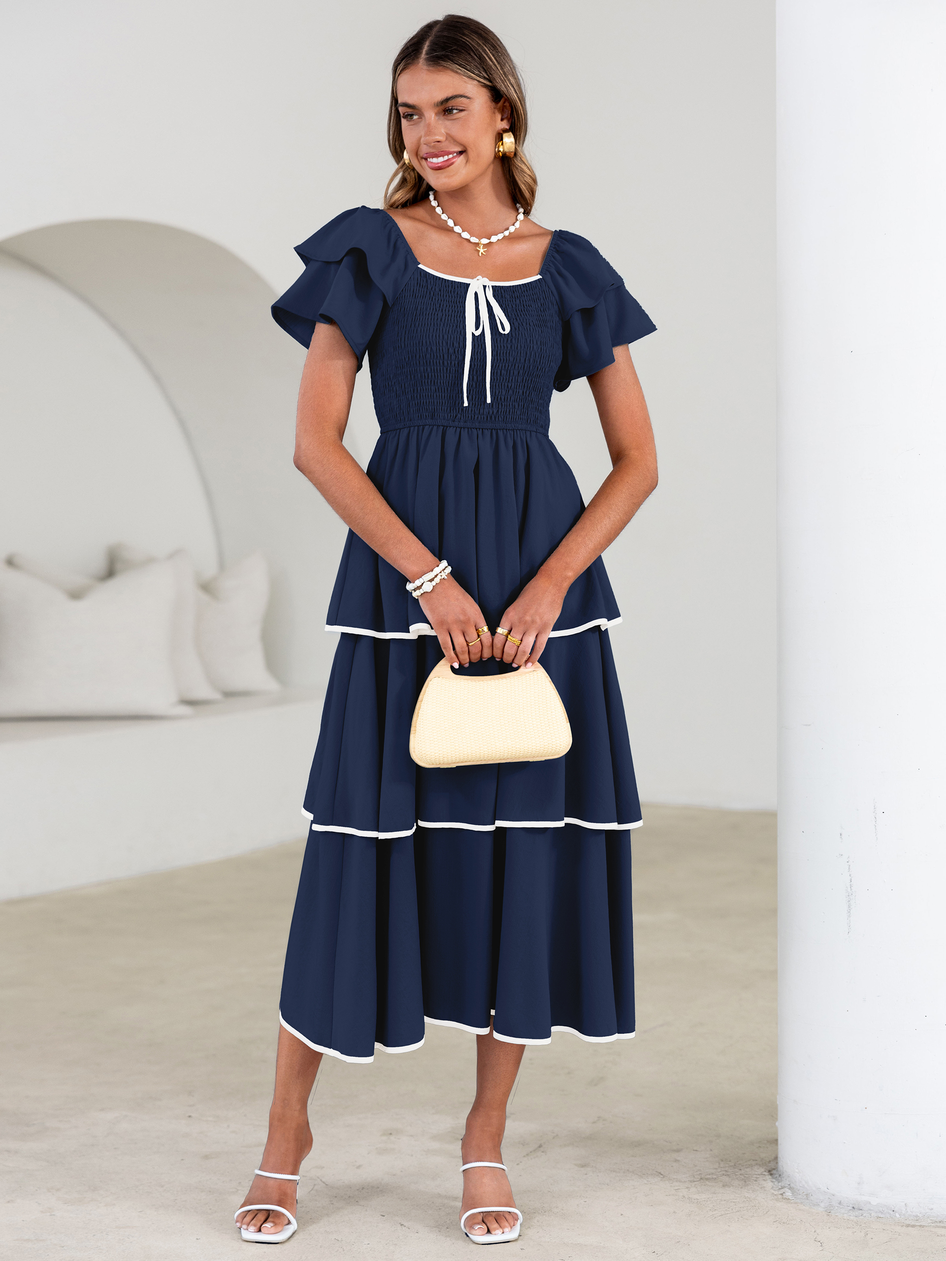 Ruched Off Shoulder Tiered Maxi Dress - Navy Blue
