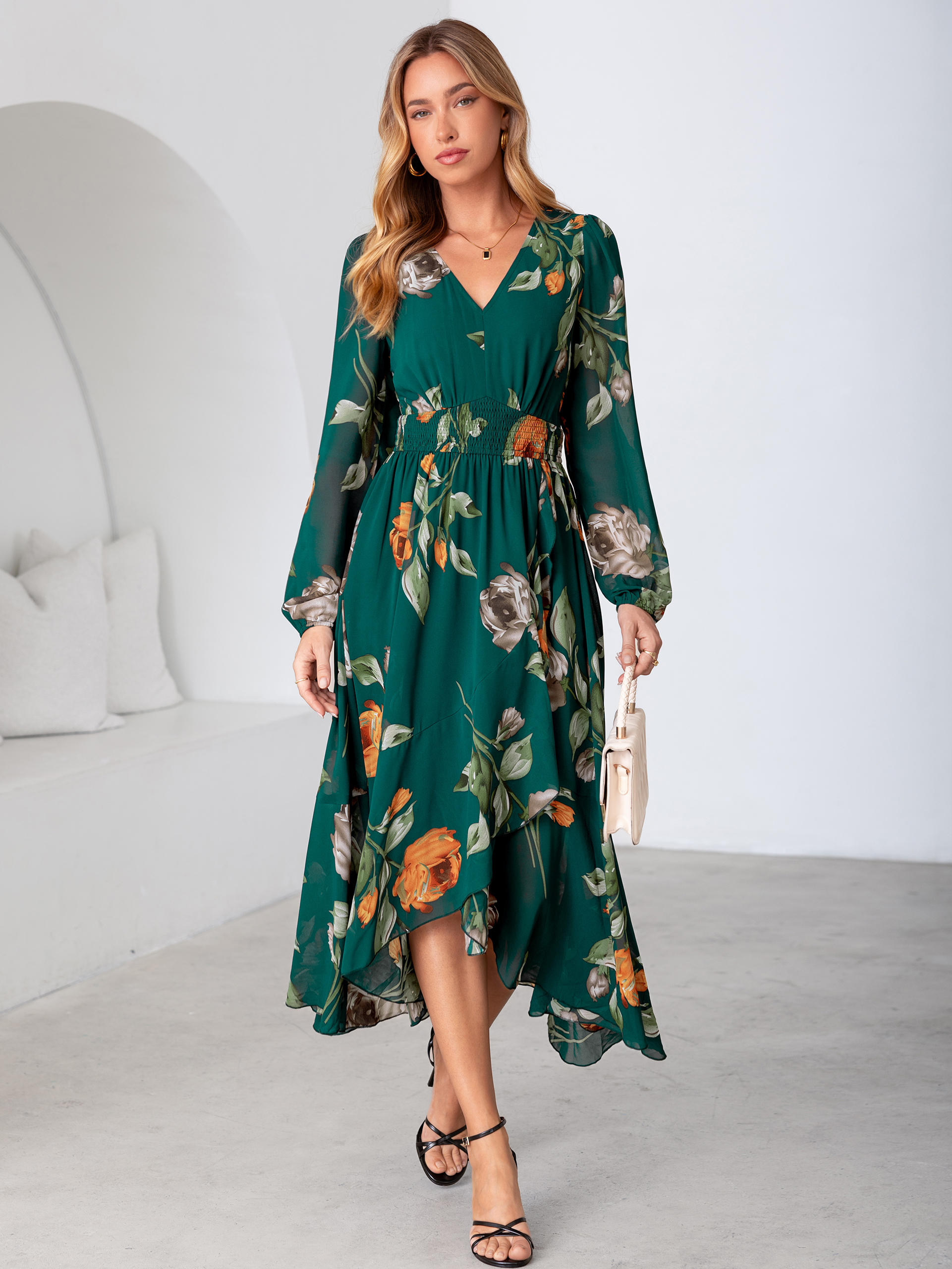 Tulle Floral Print Long Sleeve Asymmetrical Maxi Dress - Dark Green Floral