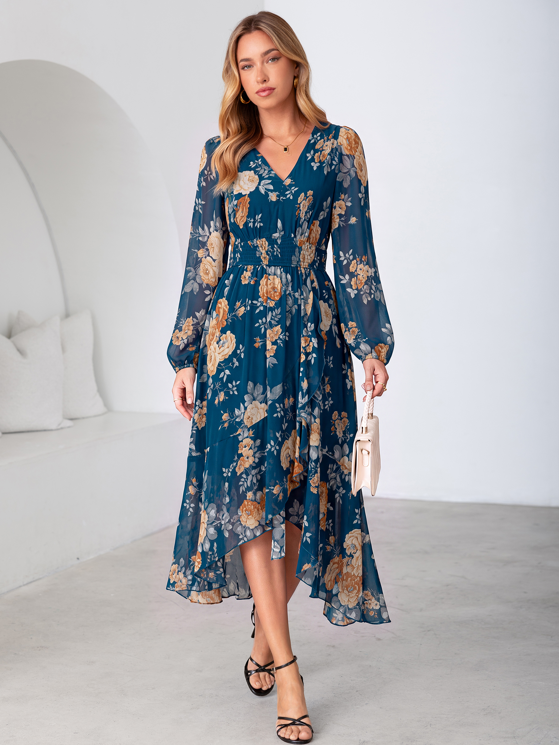 Tulle Floral Print Long Sleeve Asymmetrical Maxi Dress - Navy Blue Floral
