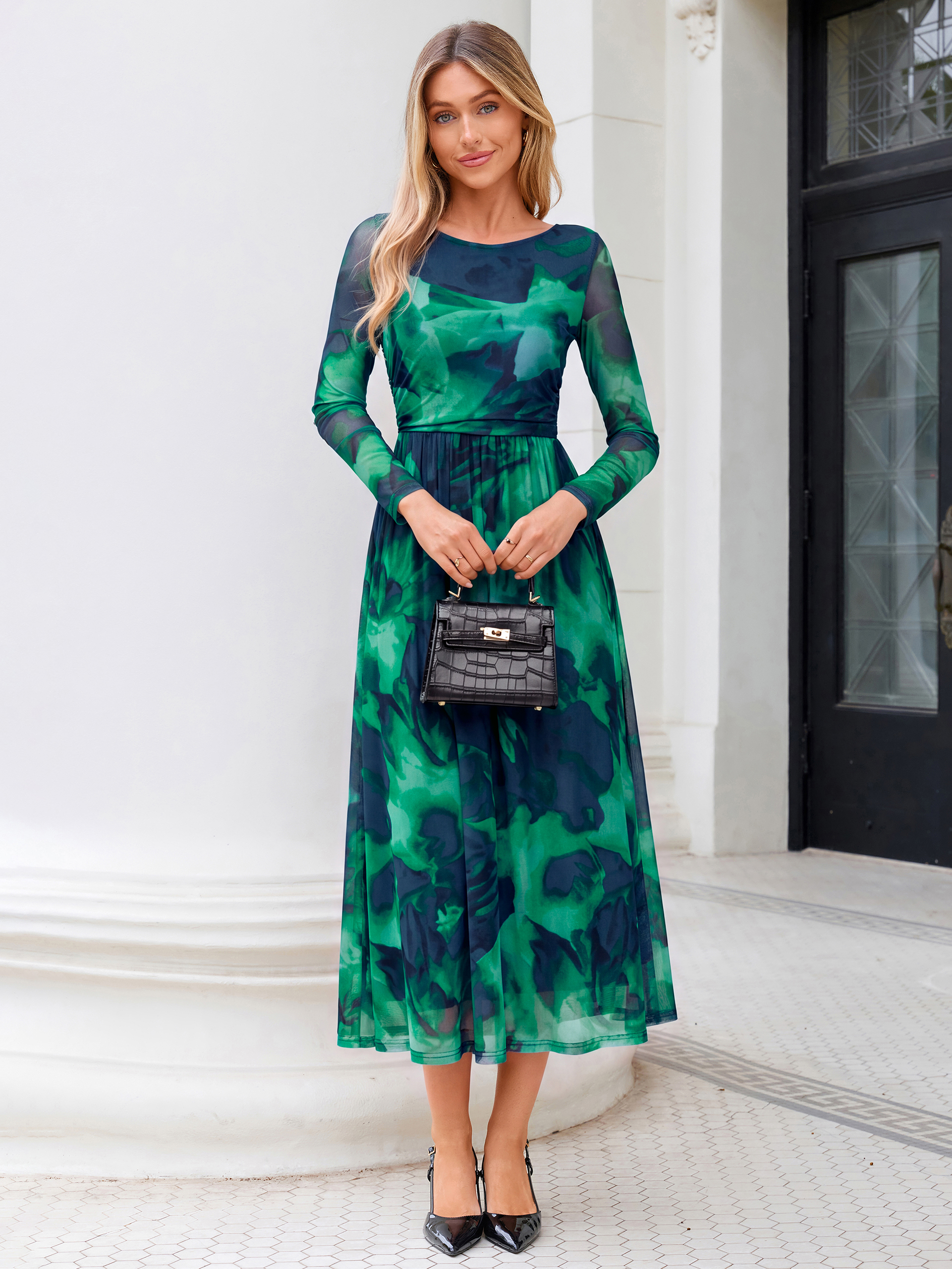 Floral Print Long Sleeve Boat Neck Mesh Maxi Dress - Green Floral